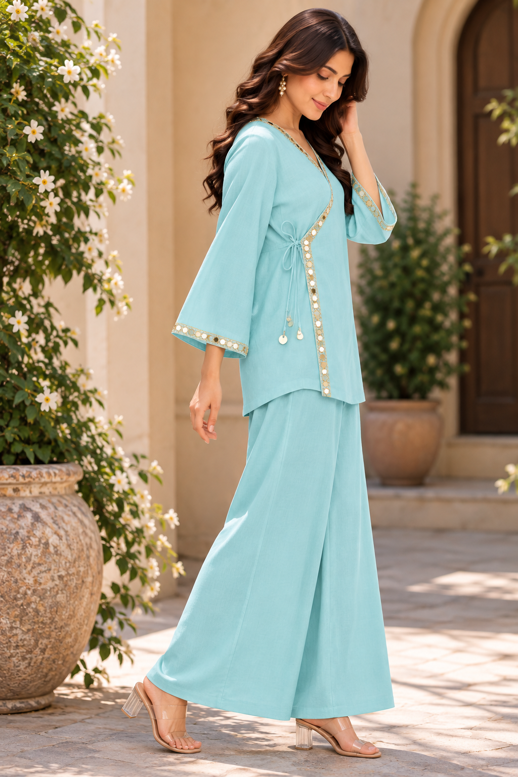 Coral Silk & Roman TEAL BLUE Angrakha | Elegant Gold Lace Detailed Ethnic Ensemble