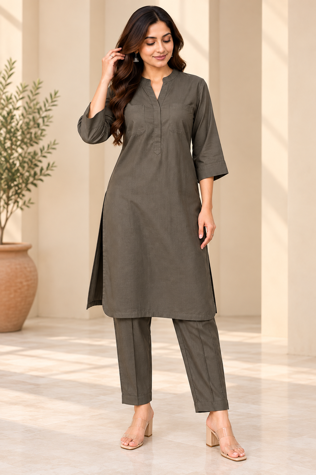 Charcoal Cotton Zykraa Kurta Pant Set for Women