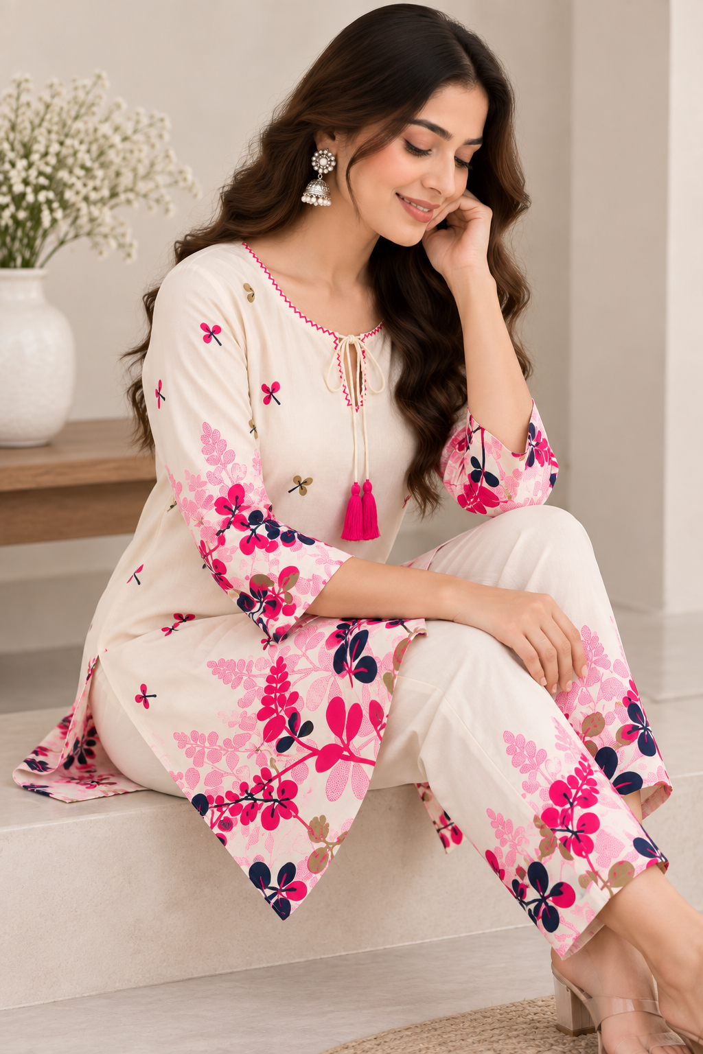 Cotton Blend Floral Printed Kurta Pant Set for Women | Elegant Flower Print Ethnic Wear Co-Ord Set | Comfortable Casual, Office & Festive Wear