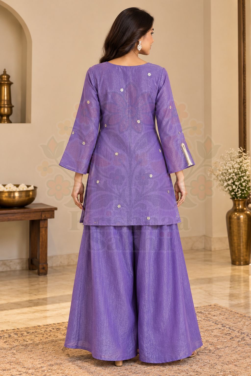 Women’s Purple Mal Chanderi Kurta Plazzo Set with Floral Embroidery & Stylish Flared Sleeves