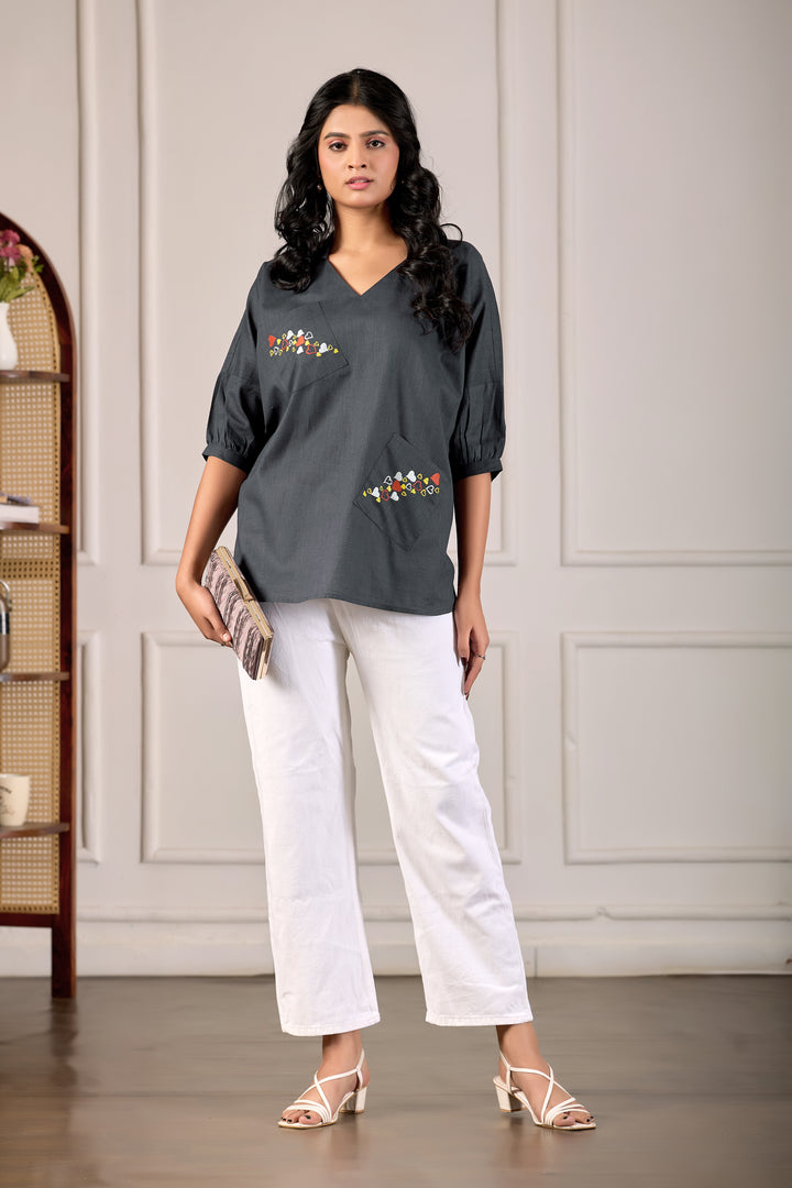 Charcoal Heart-Embroidered Tunic Luxe