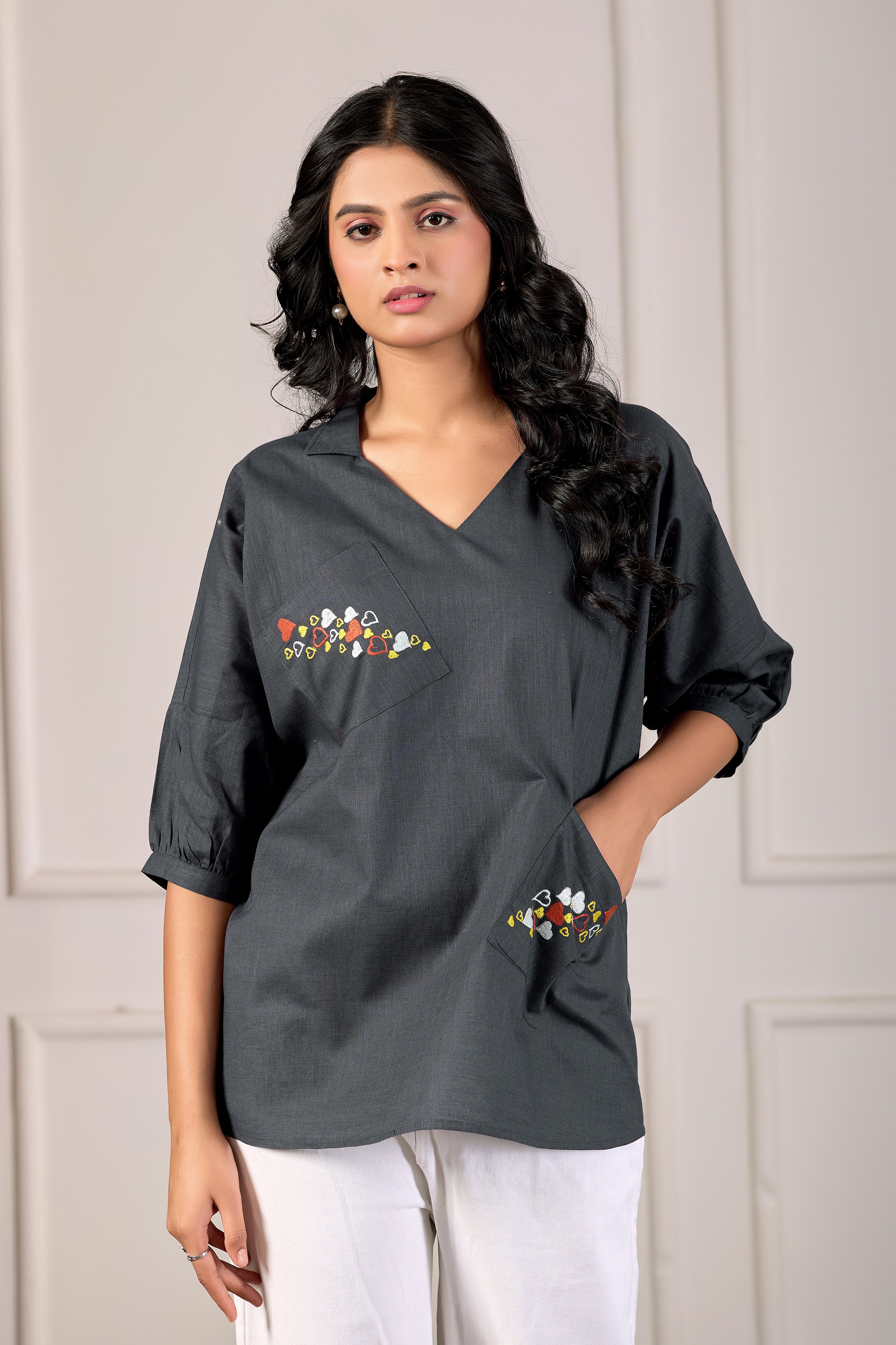 Charcoal Heart-Embroidered Tunic Luxe