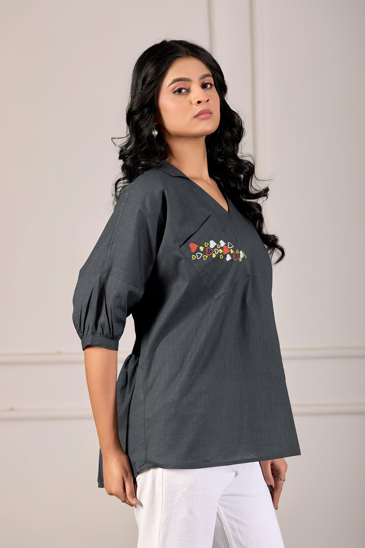 Charcoal Heart-Embroidered Tunic Luxe