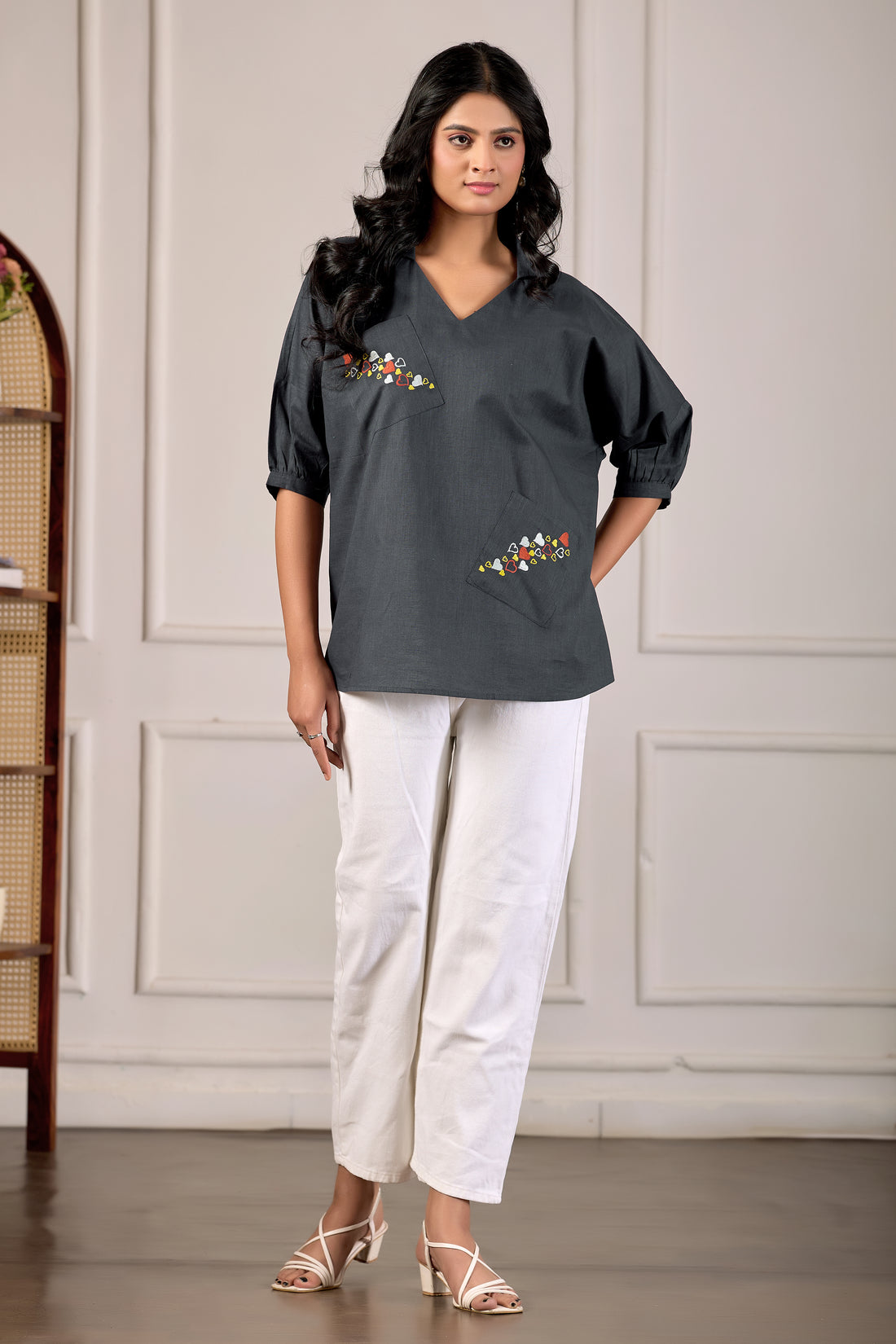 Charcoal Heart-Embroidered Tunic Luxe