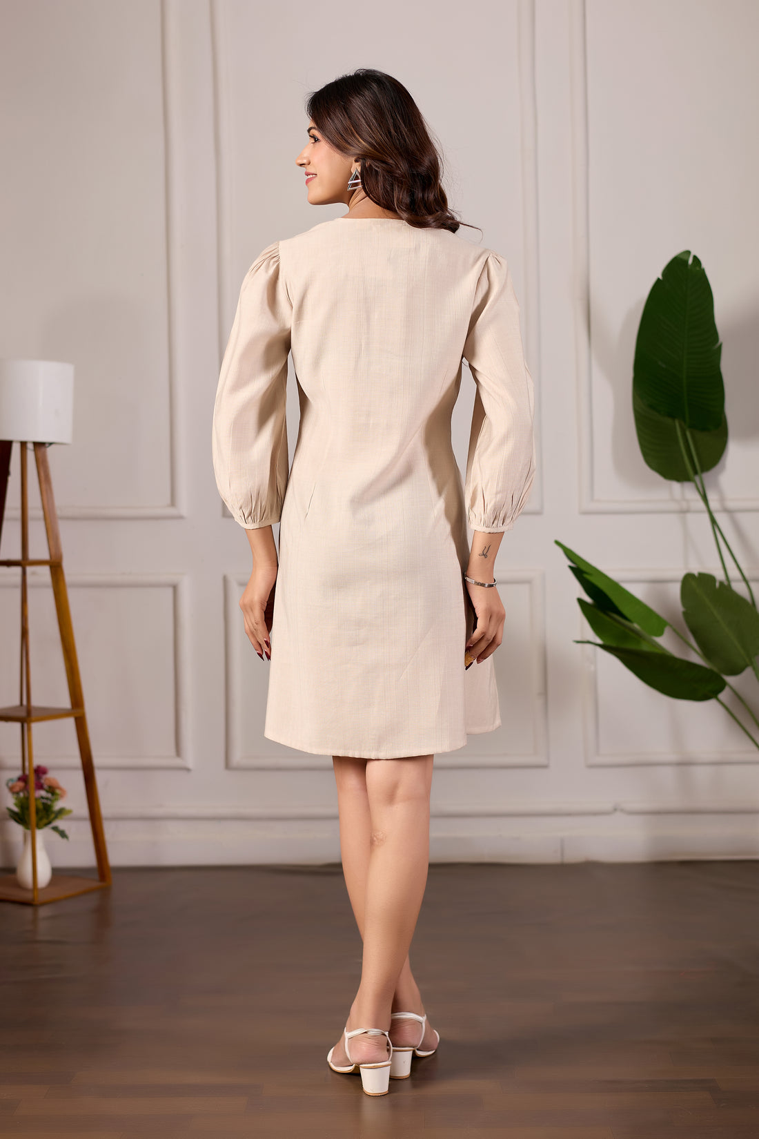Beige Fit-and-Flare Flow Dress