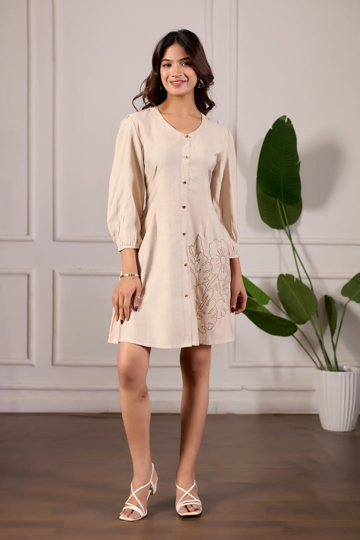 Beige Fit-and-Flare Flow Dress