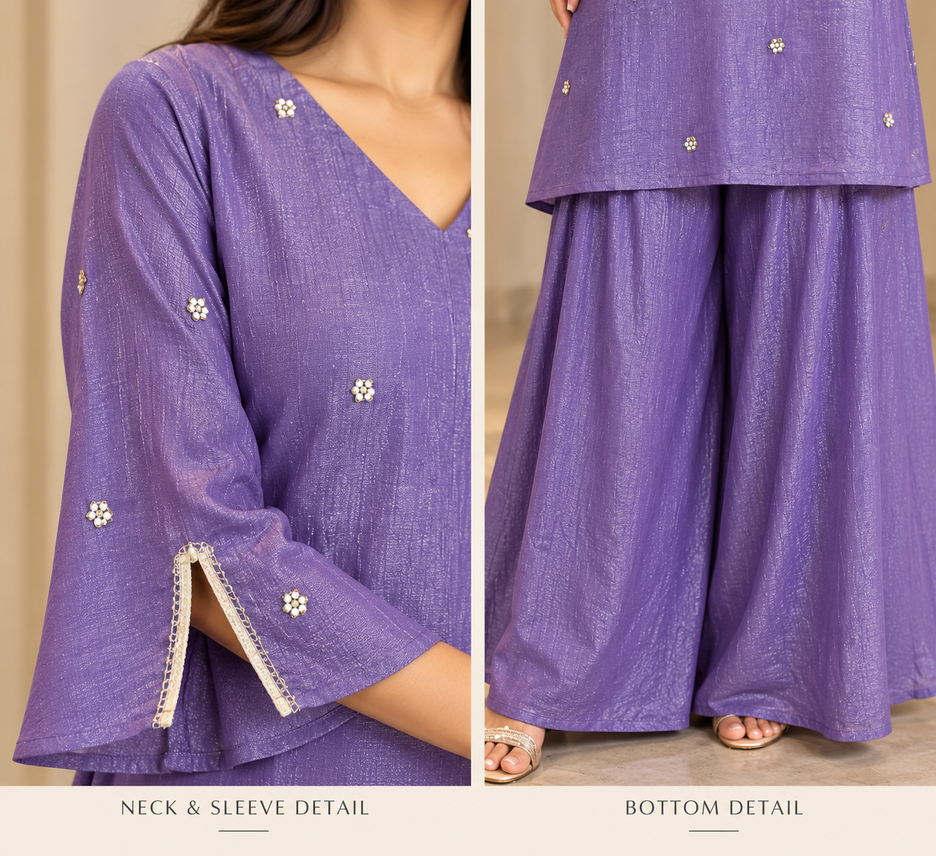 Women’s Purple Mal Chanderi Kurta Plazzo Set with Floral Embroidery & Stylish Flared Sleeves