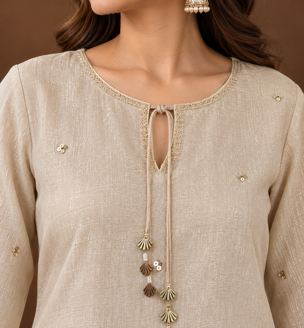 Elegant Dusty Ivory Textured Kurta with Wide-Leg Palazzo Co-Ord Set | Premium Ethnic Festive Wear for Women.