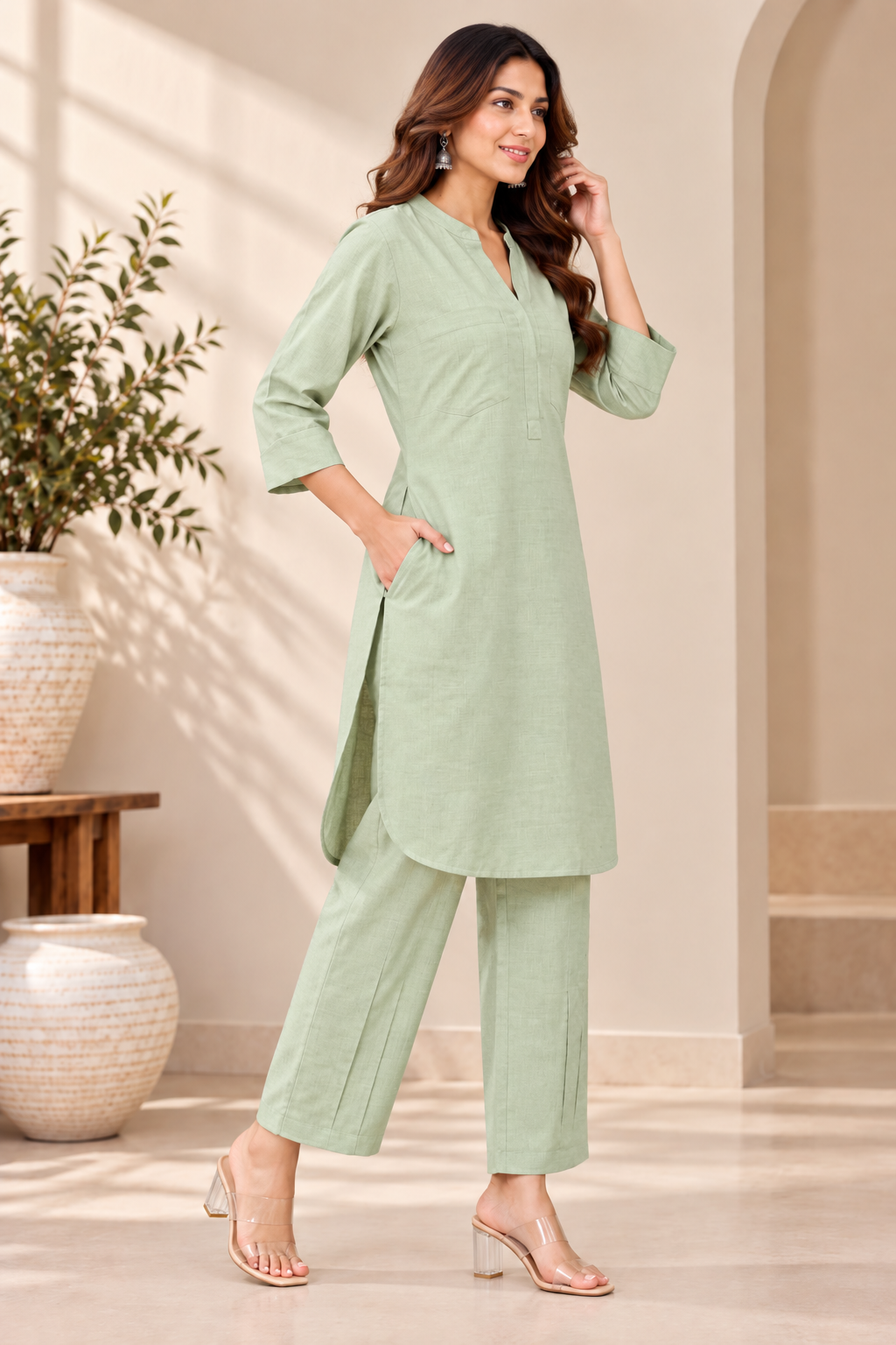 Pista Green Cotton Zykraa Kurta Pant Set for Women