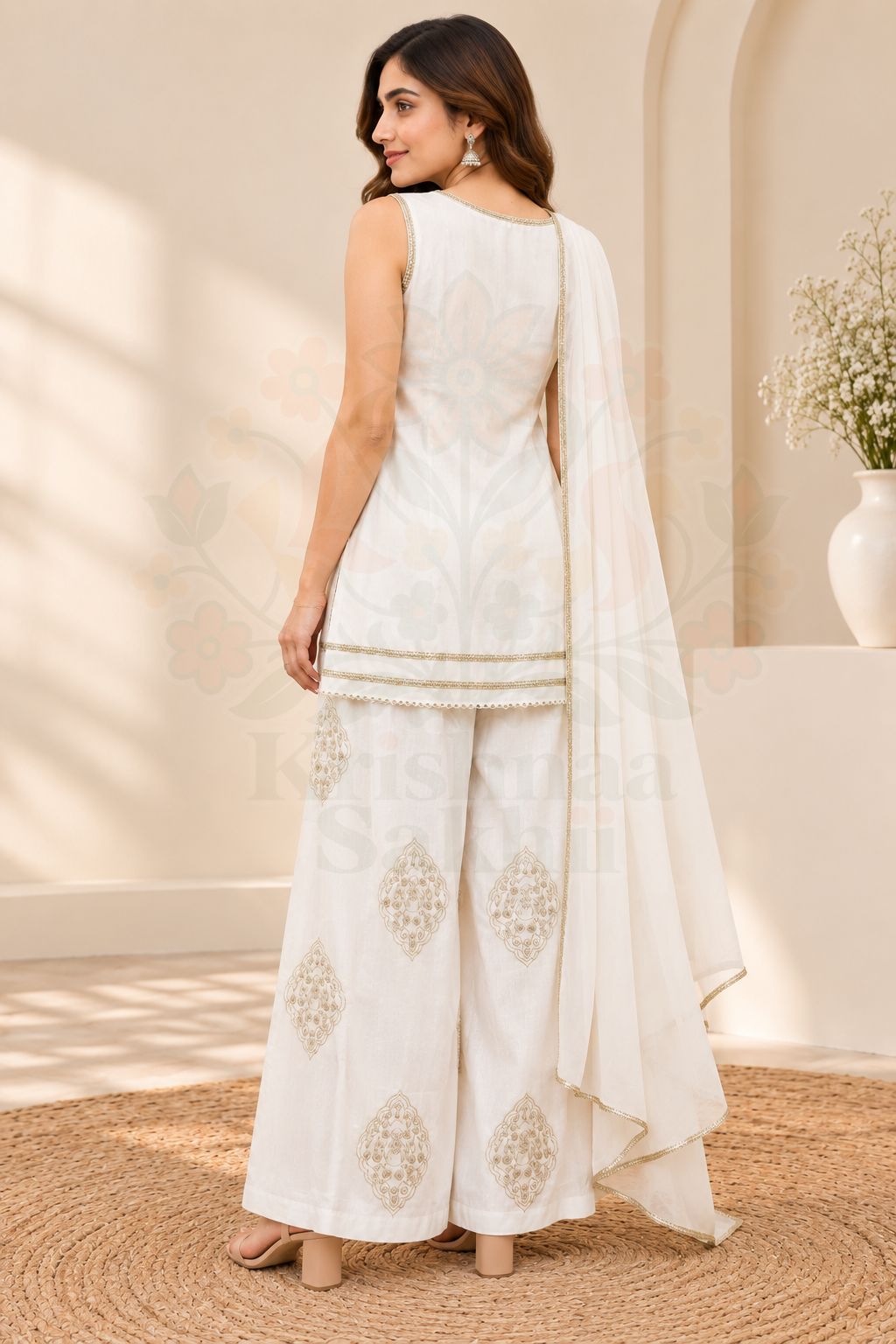 Women’s White Embroidered Kurta Palazzo Suit Set with Gold Border Detailing and Matching Dupatta – Elegant Ethnic Festive Wear