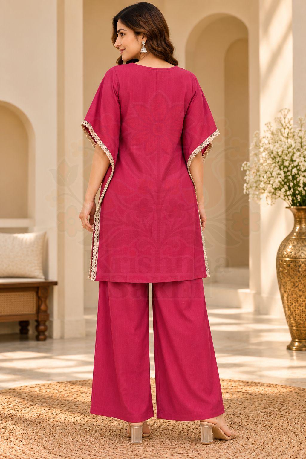 Stylish Pink Embroidered Kurta Palazzo Set for Women | Premium Roman Fabric Floral Embroidery Kurti with Kaftan Sleeves, Lace Detailing & Matching Palazzo | Elegant Festive Ethnic Wear