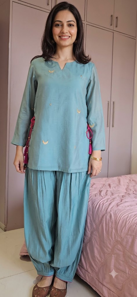 Teal Blue Mal Chanderi Kurta Top with Roman Viscose Afghani Pant Set-Where Tradition Meets Elegance.. 🌸