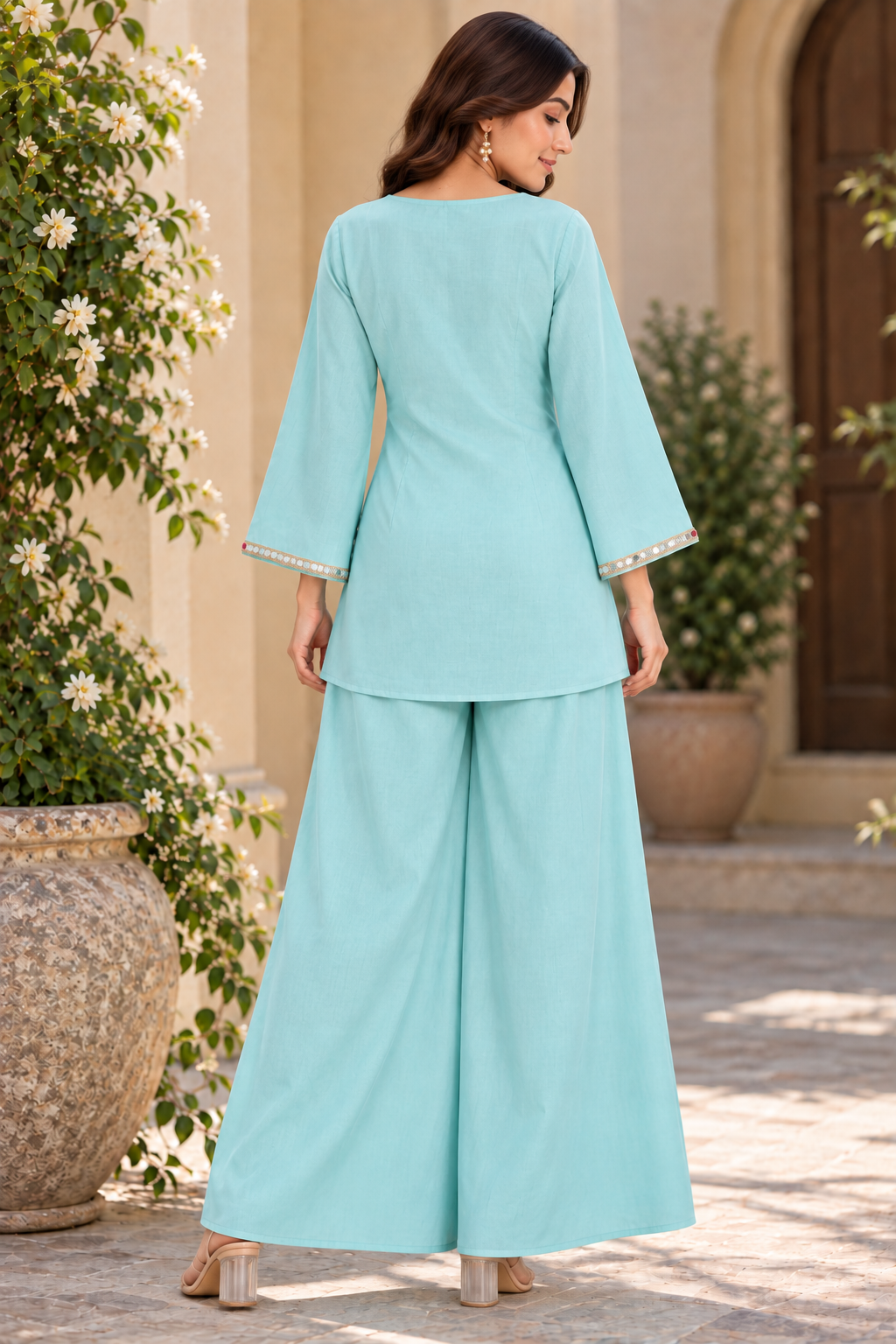 Coral Silk & Roman TEAL BLUE Angrakha | Elegant Gold Lace Detailed Ethnic Ensemble