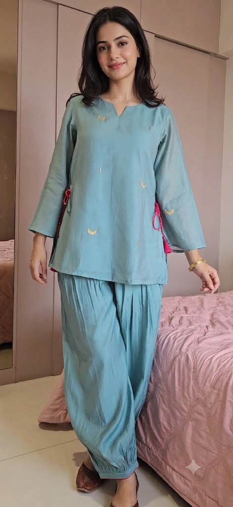 Teal Blue Mal Chanderi Kurta Top with Roman Viscose Afghani Pant Set-Where Tradition Meets Elegance.. 🌸