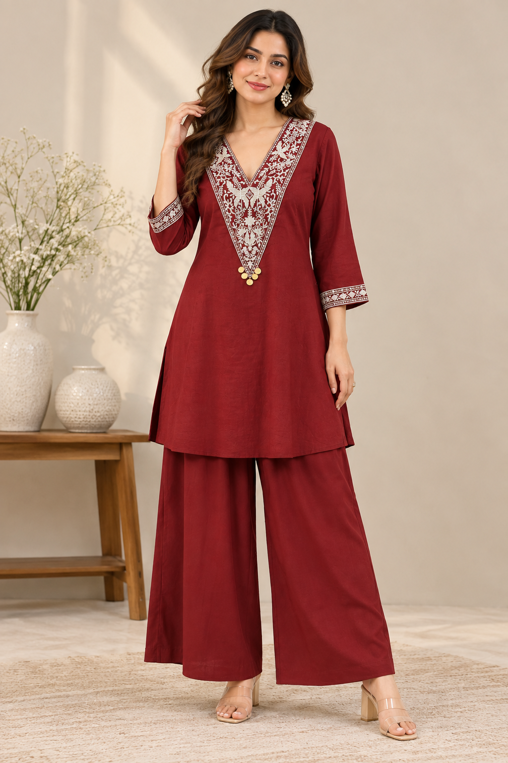 Elegant Maroon Coral Silk Embroidered Kurta Palazzo Set for Women | Premium Floral V-Neck Embroidery with 3/4 Sleeves, Decorative Tassel Detailing & Matching Wide-Leg Palazzo Pants | Festive, Party & Ethnic Wear