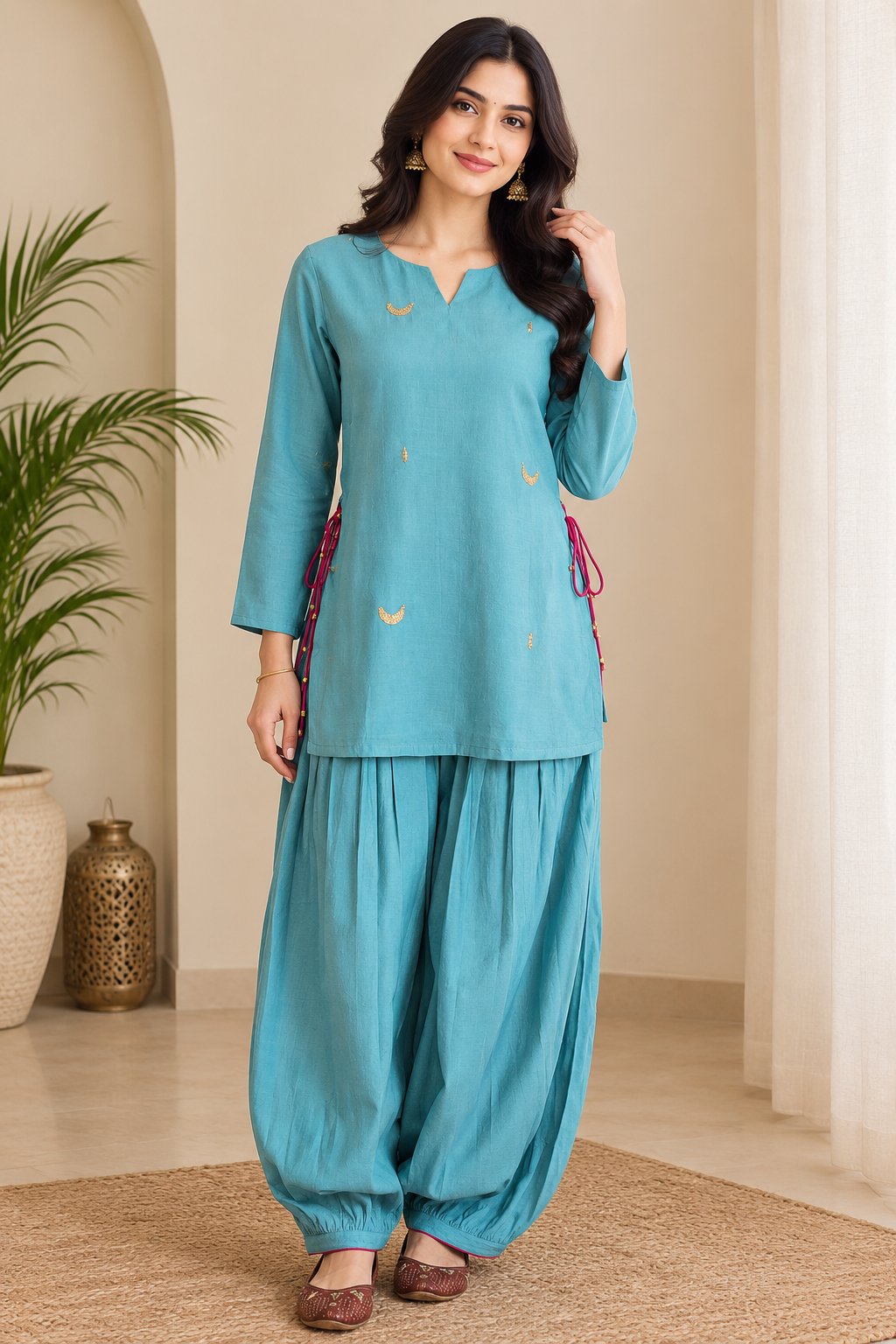 Teal Blue Mal Chanderi Kurta Top with Roman Viscose Afghani Pant Set-Where Tradition Meets Elegance.. 🌸