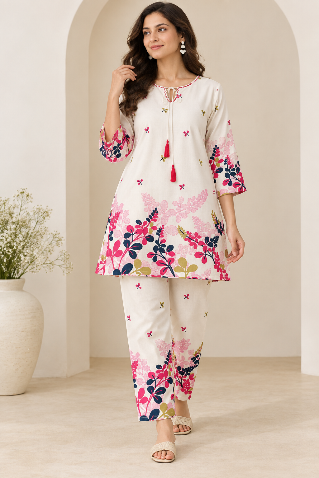 Cotton Blend Floral Printed Kurta Pant Set for Women | Elegant Flower Print Ethnic Wear Co-Ord Set | Comfortable Casual, Office & Festive Wear
