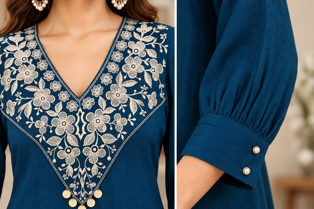 Elevate your ethnic wardrobe with the timeless elegance of our Royal Blue Kurta Palazzo Set.