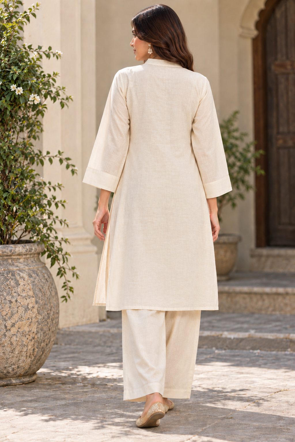 Elegant Ivory Mal Chanderi A-Line Kurta with Gold Embellished Neckline & Matching Straight Pants Set