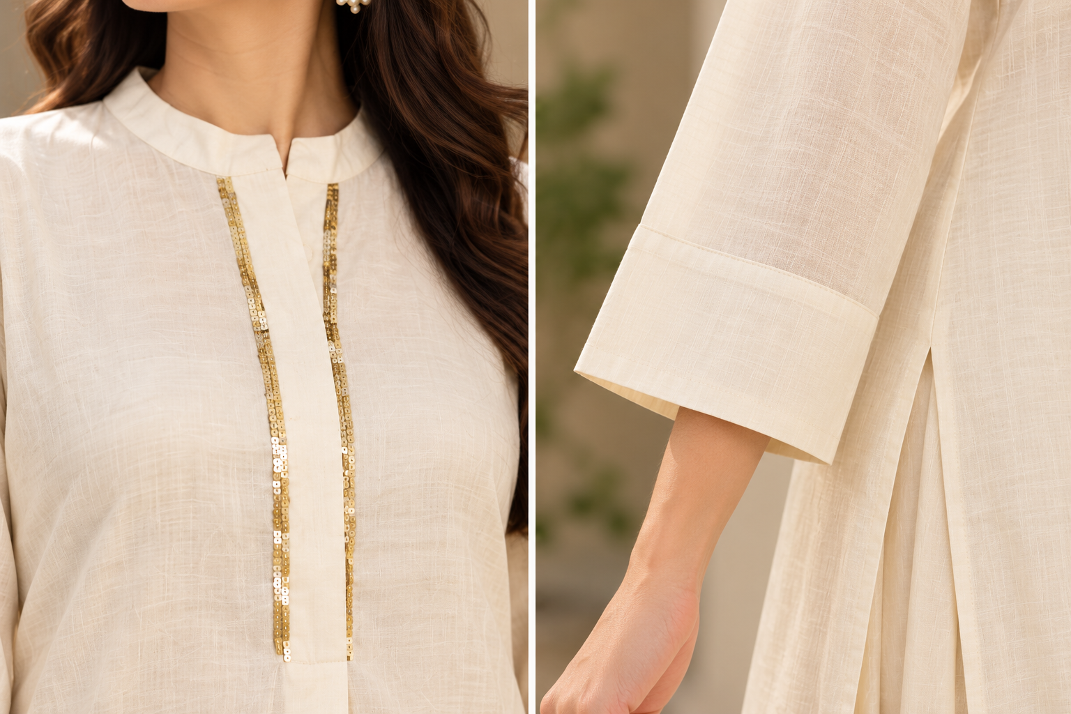 Elegant Ivory Mal Chanderi A-Line Kurta with Gold Embellished Neckline & Matching Straight Pants Set