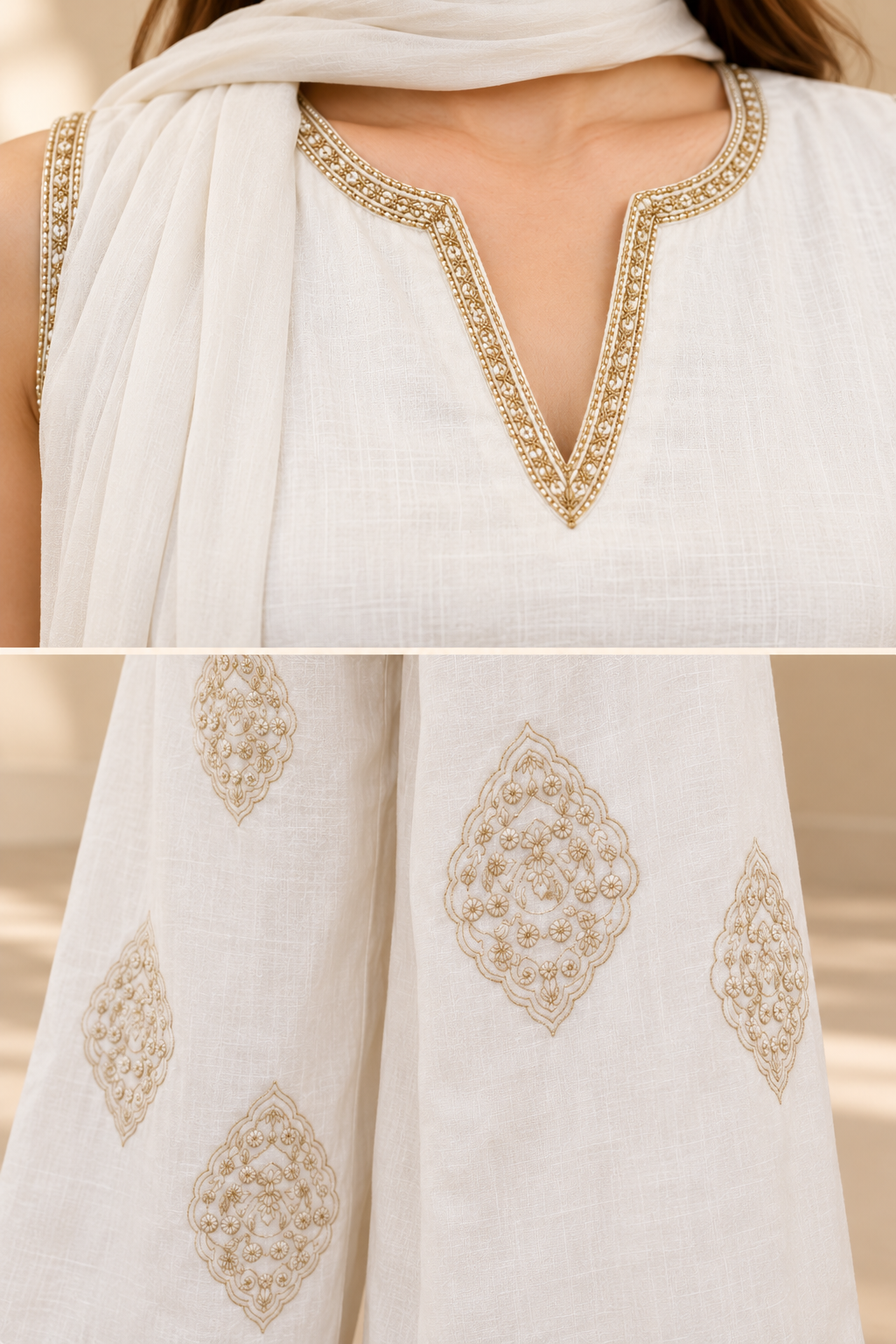 Women’s White Embroidered Kurta Palazzo Suit Set with Gold Border Detailing and Matching Dupatta – Elegant Ethnic Festive Wear