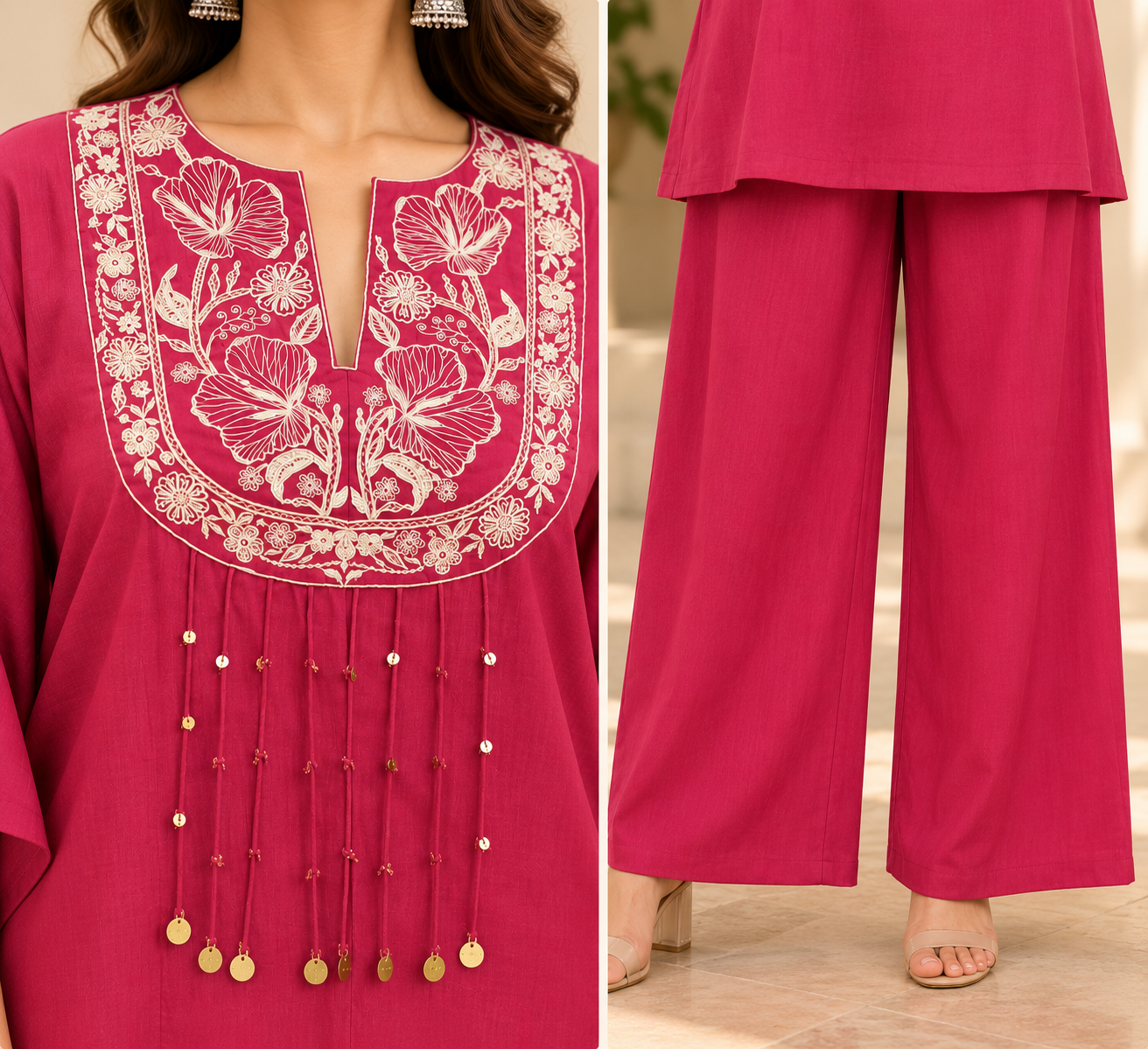 Stylish Pink Embroidered Kurta Palazzo Set for Women | Premium Roman Fabric Floral Embroidery Kurti with Kaftan Sleeves, Lace Detailing & Matching Palazzo | Elegant Festive Ethnic Wear