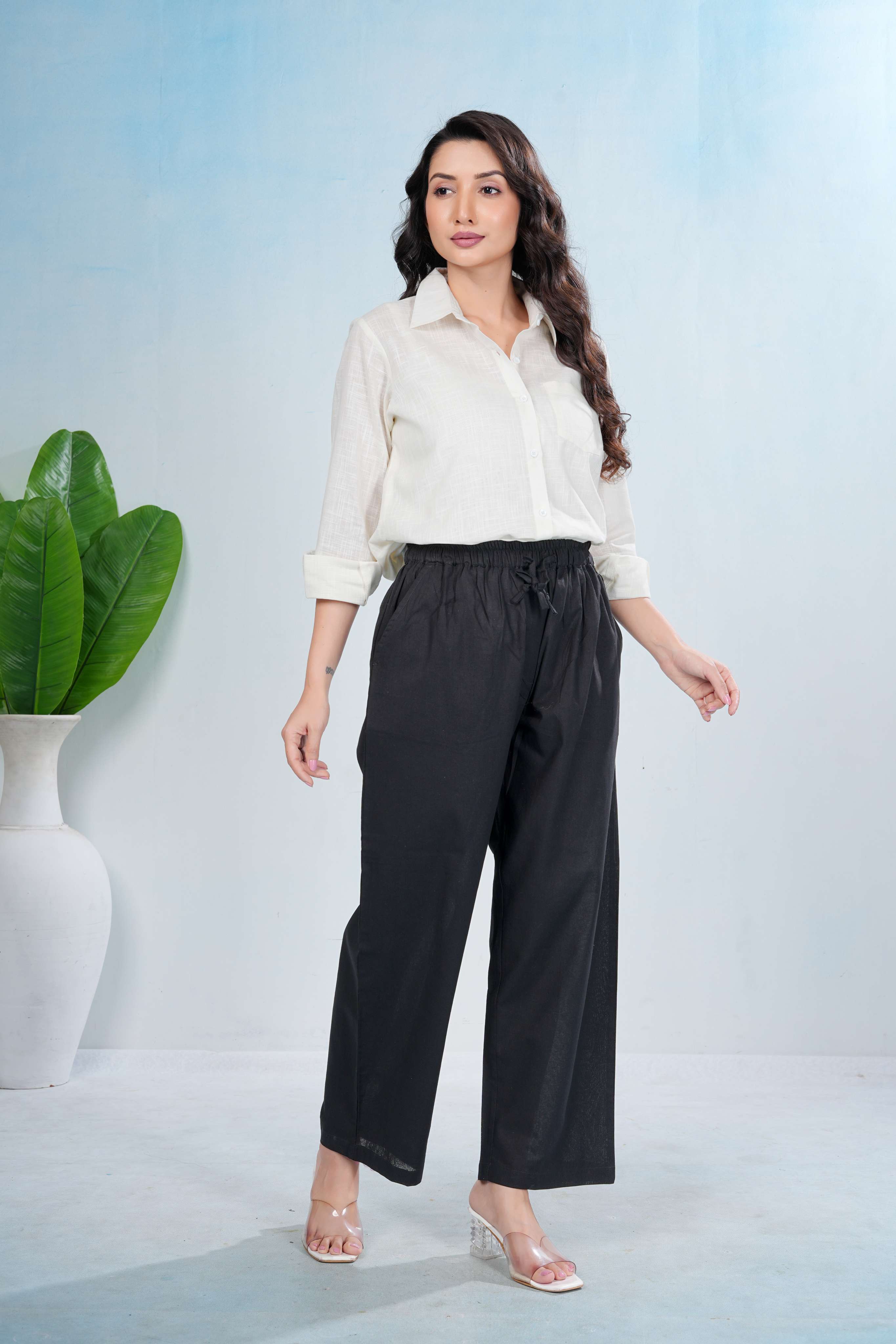 Black Wide-Leg Cotton Pants with Drawstring Waist Luxe