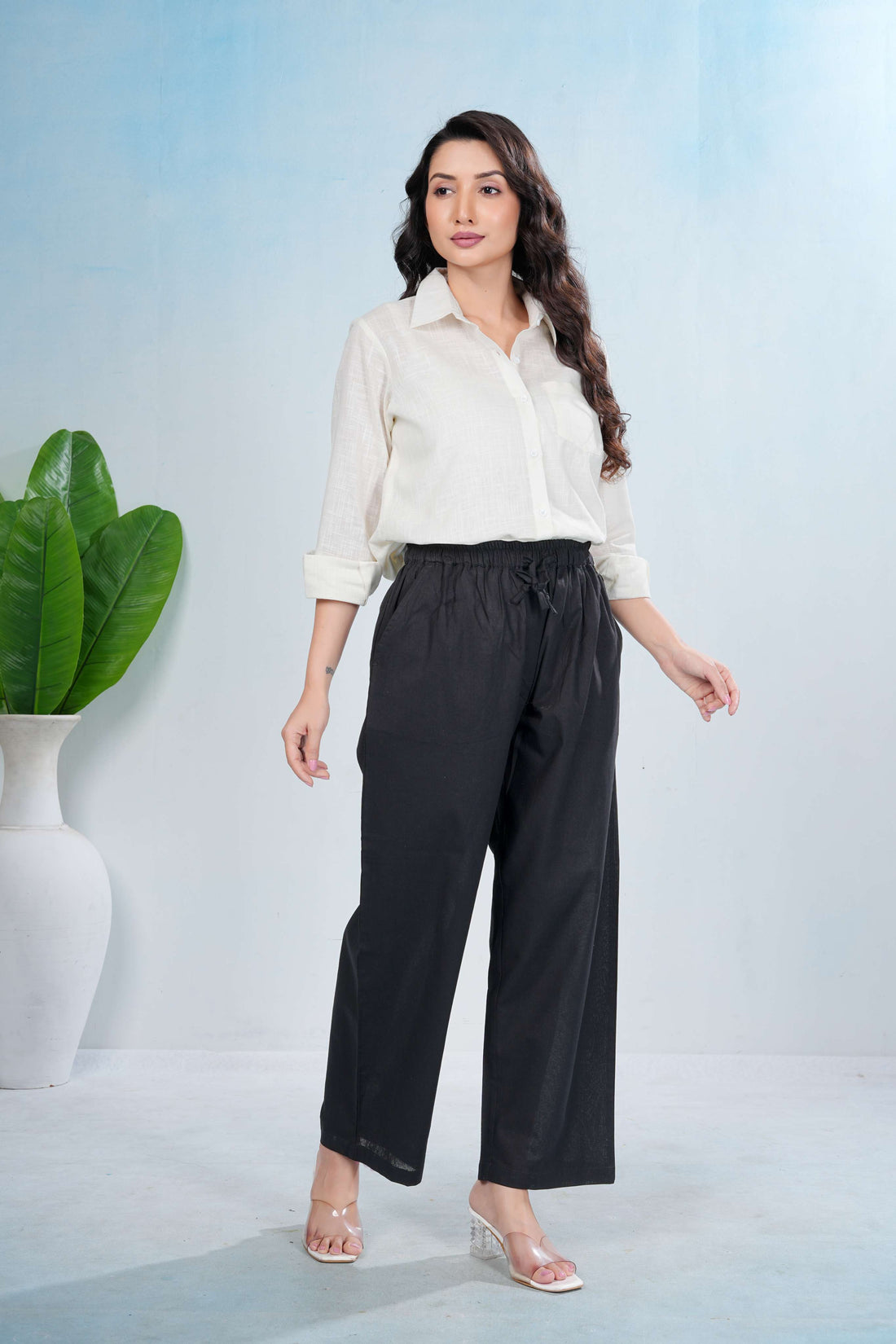 Black Wide-Leg Cotton Pants with Drawstring Waist Luxe