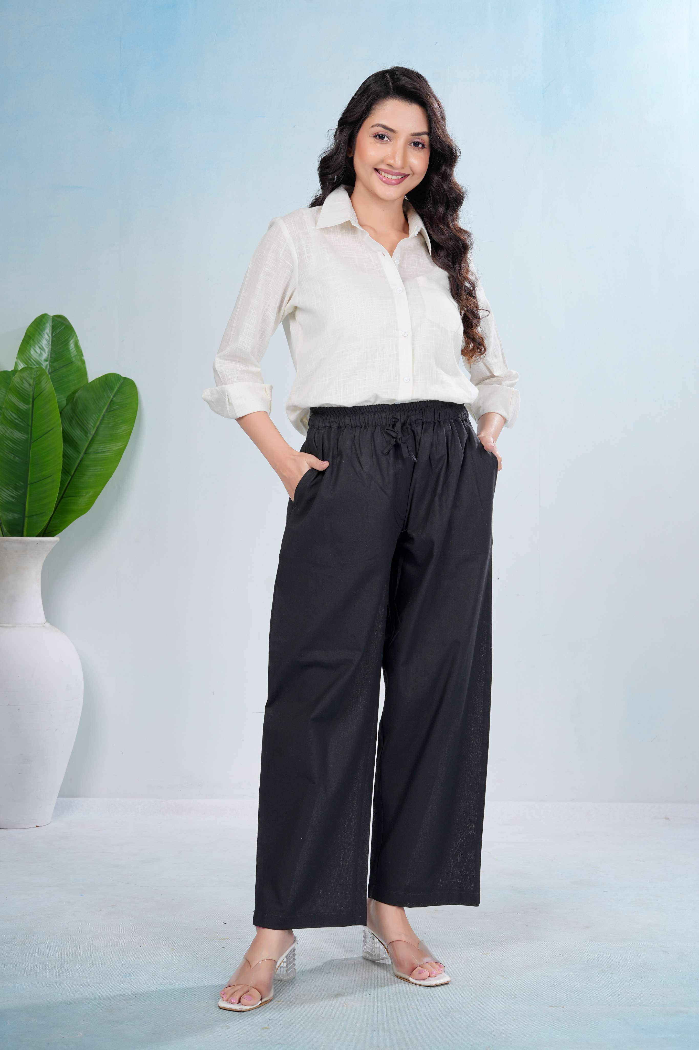 Black Wide-Leg Cotton Pants with Drawstring Waist Luxe