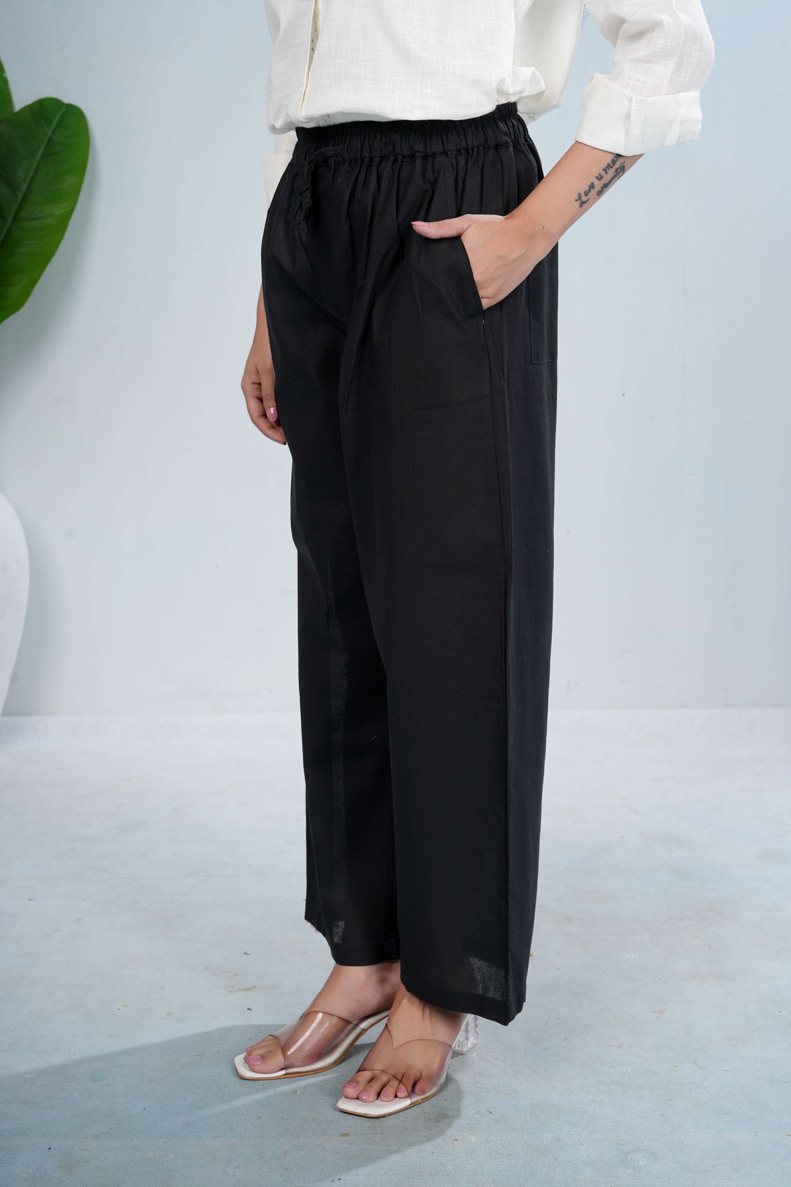Black Wide-Leg Cotton Pants with Drawstring Waist Luxe