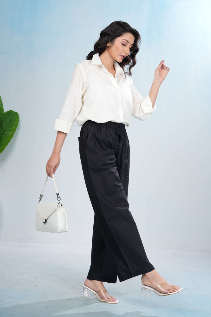 Black Wide-Leg Cotton Pants with Drawstring Waist Luxe
