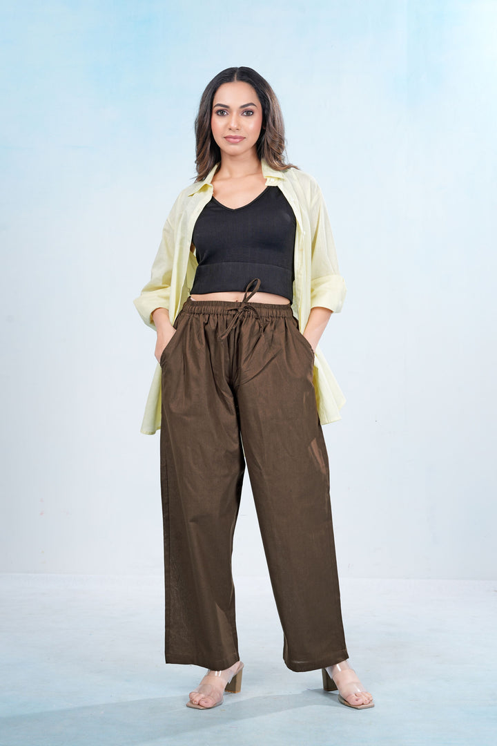 Brown Wide-Leg Cotton Pants with Drawstring Waist