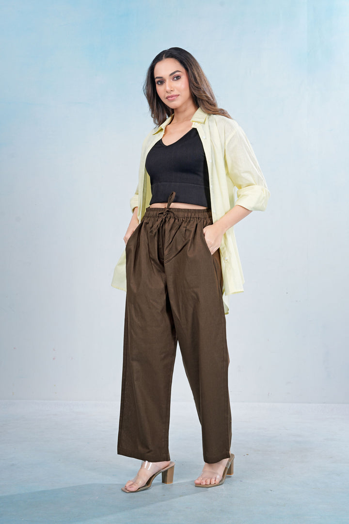 Brown Wide-Leg Cotton Pants with Drawstring Waist