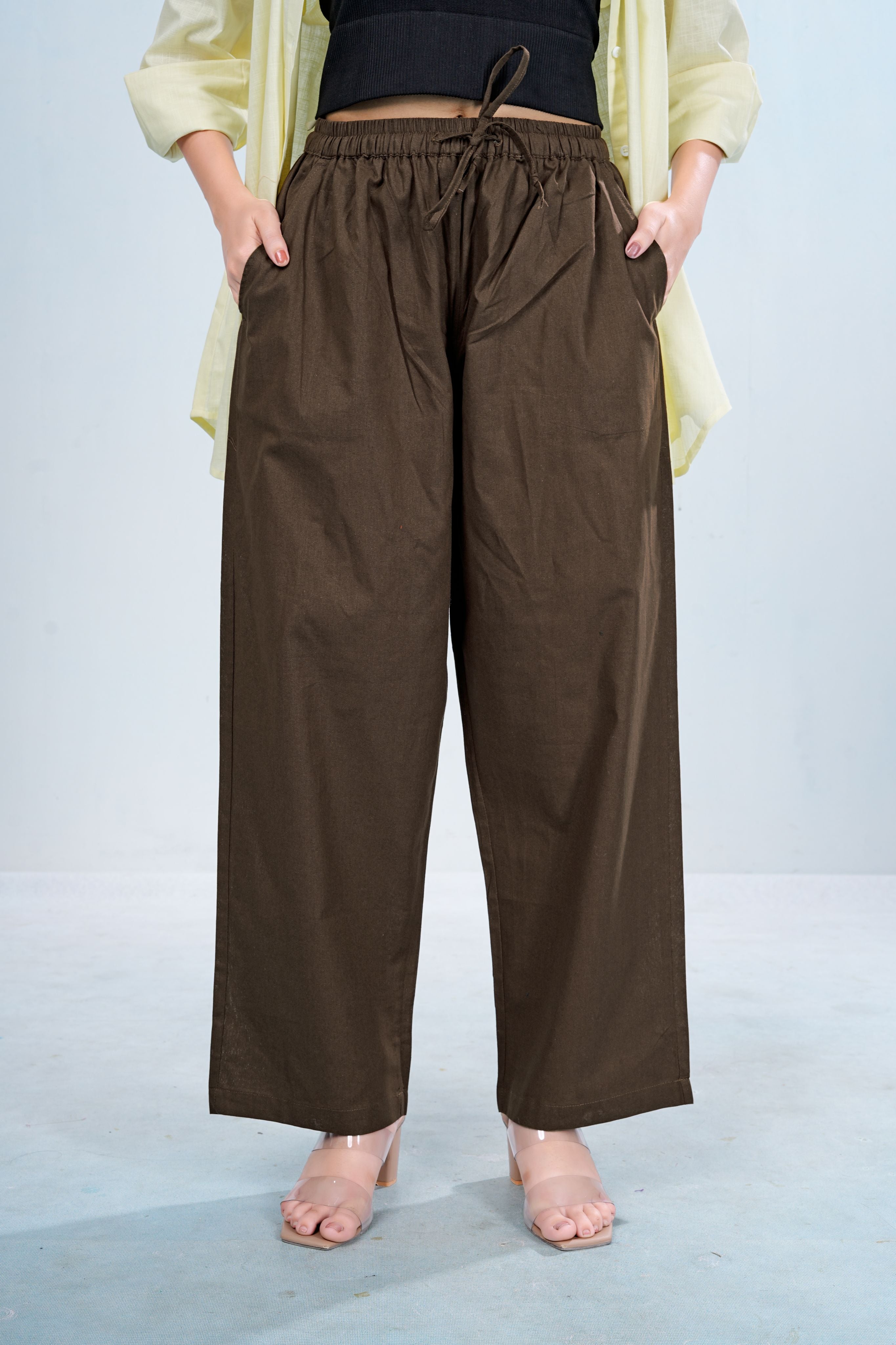 Brown Wide-Leg Cotton Pants with Drawstring Waist