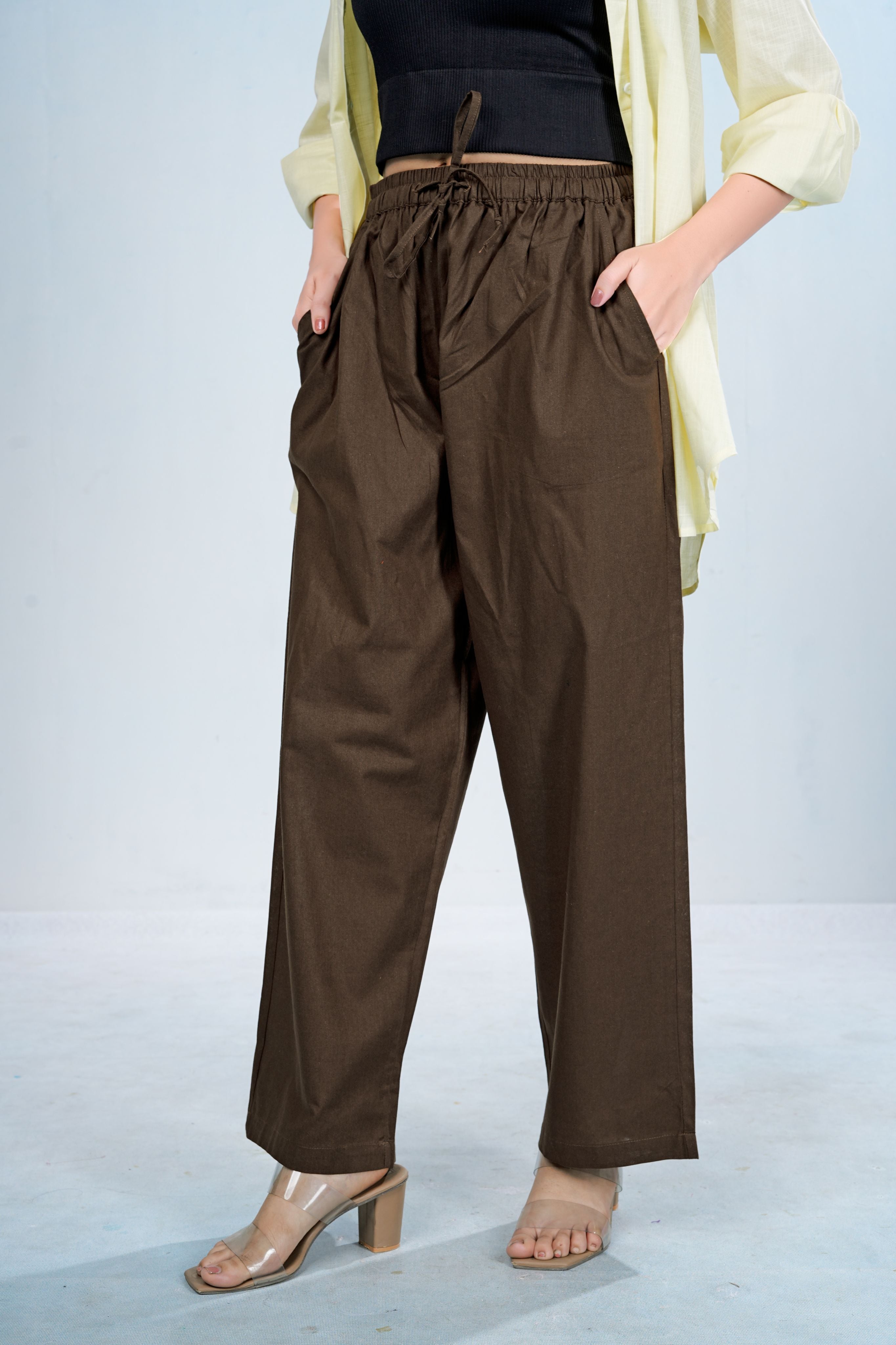 Brown Wide-Leg Cotton Pants with Drawstring Waist