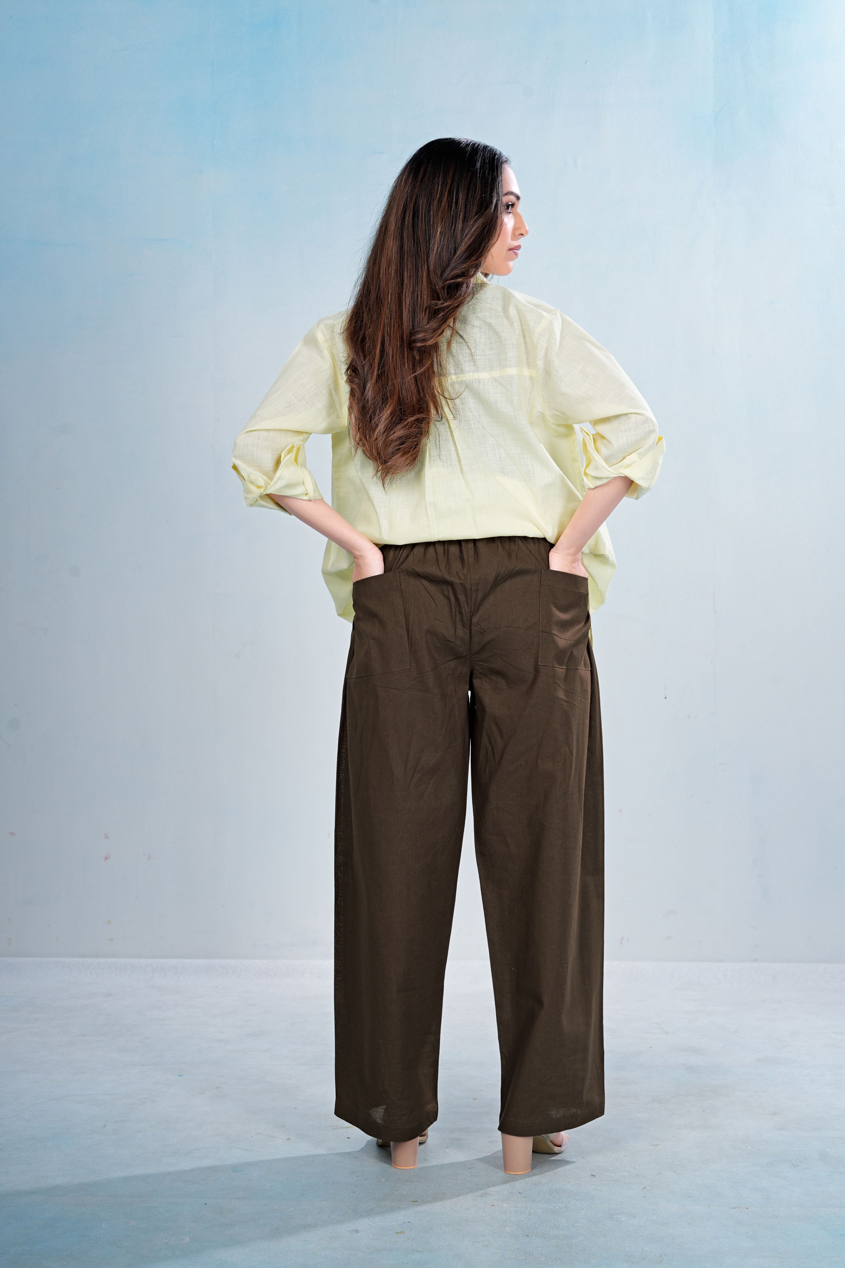 Brown Wide-Leg Cotton Pants with Drawstring Waist