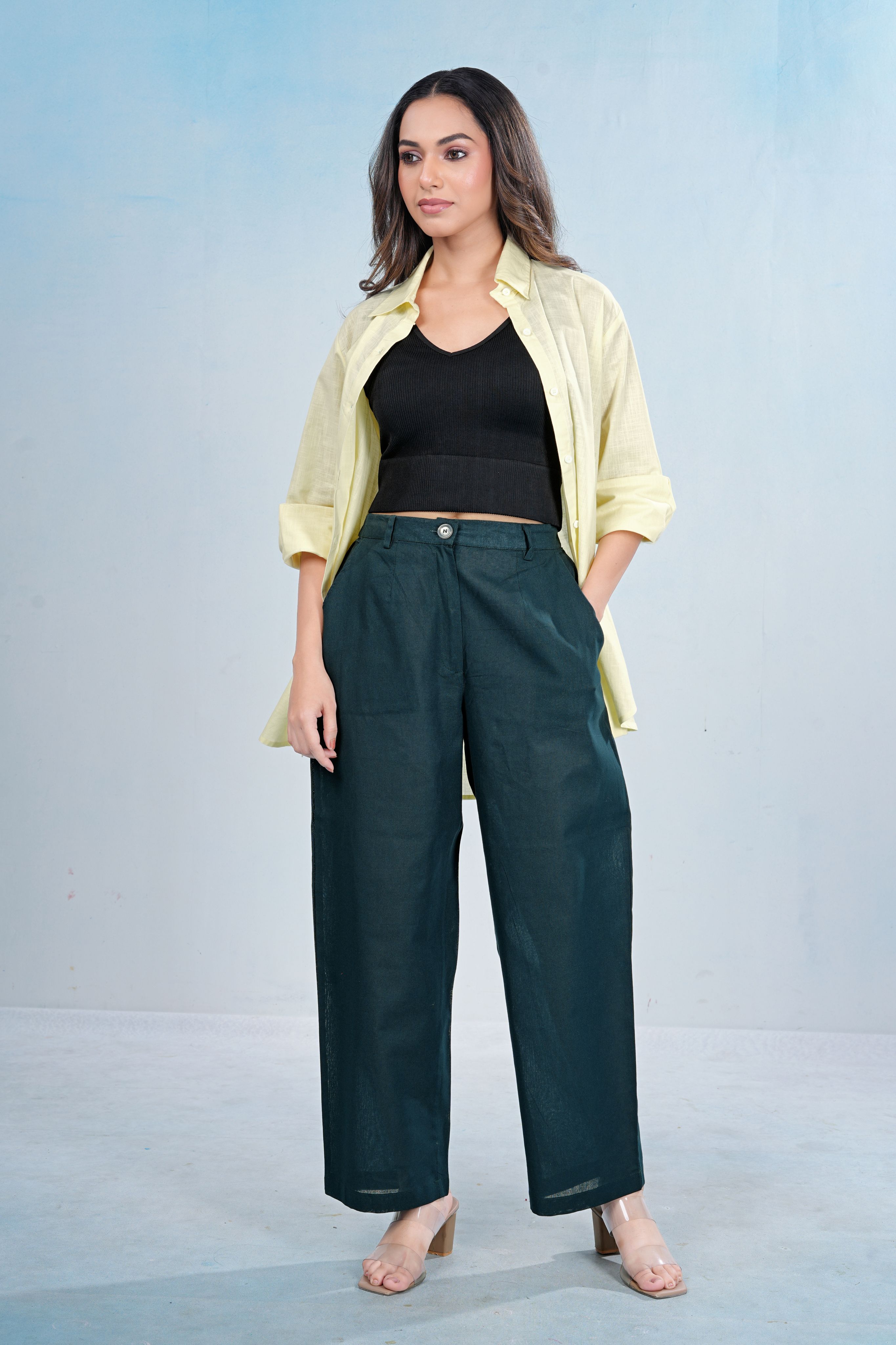 Blue Wide-Leg Cotton Pants with Drawstring Waist