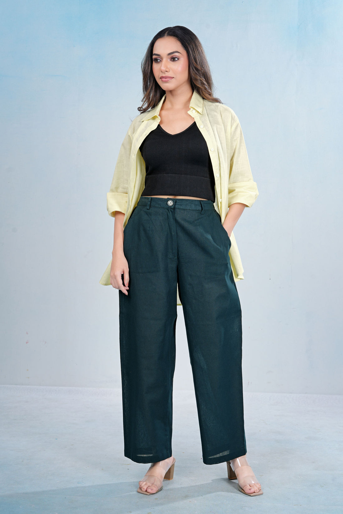 Blue Wide-Leg Cotton Pants with Drawstring Waist