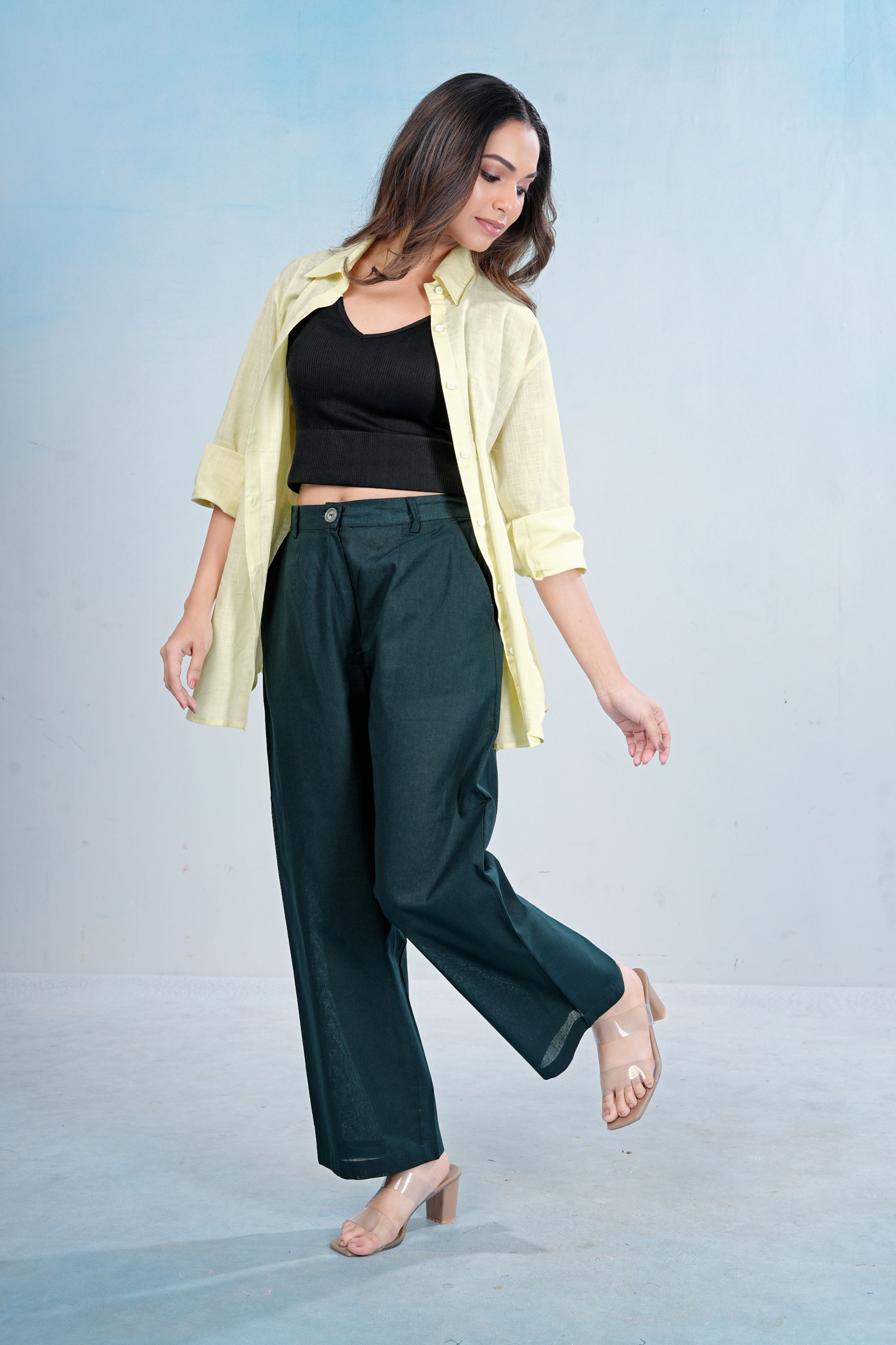 Blue Wide-Leg Cotton Pants with Drawstring Waist
