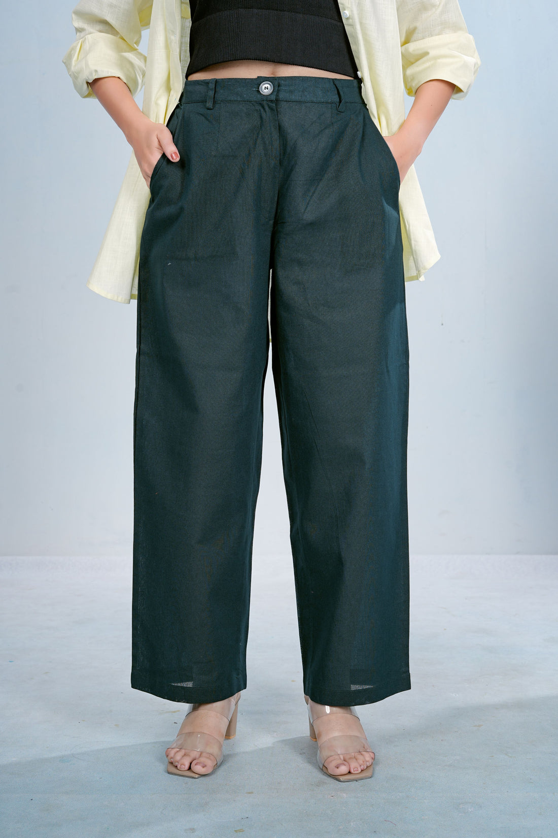 Blue Wide-Leg Cotton Pants with Drawstring Waist