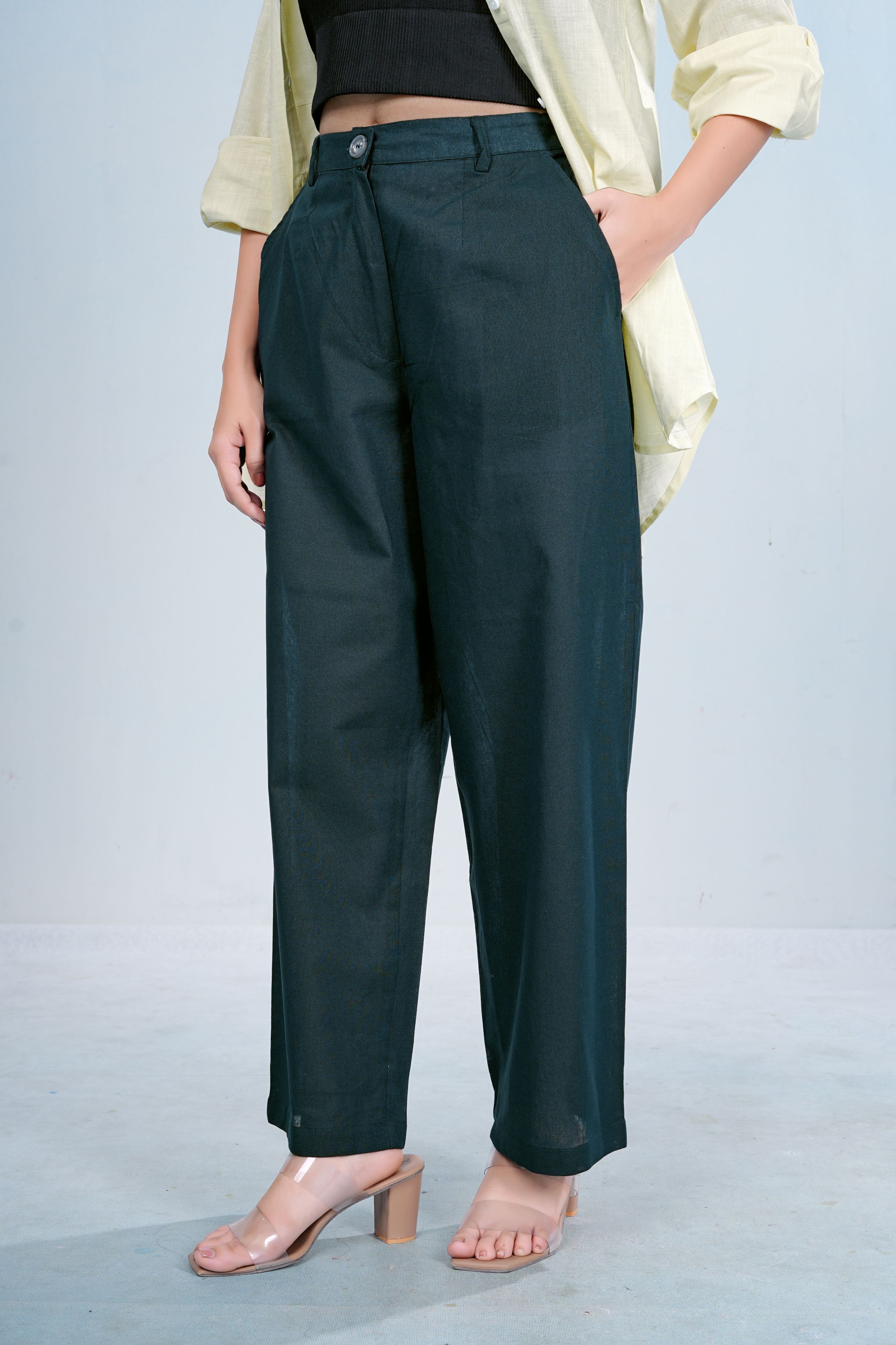 Blue Wide-Leg Cotton Pants with Drawstring Waist