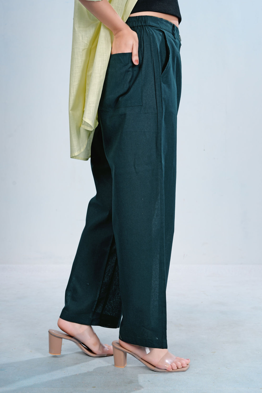 Blue Wide-Leg Cotton Pants with Drawstring Waist