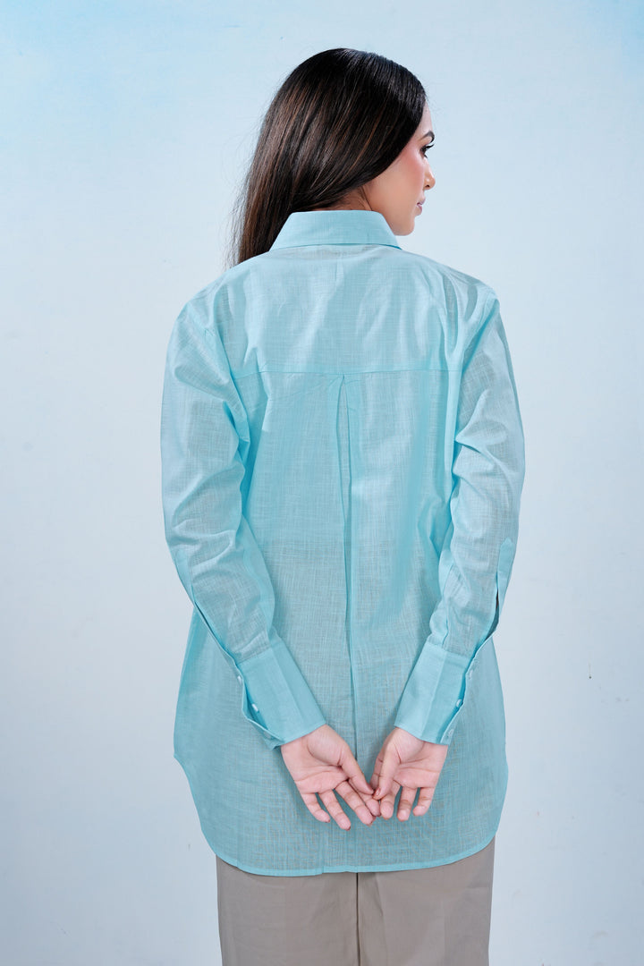 Cyan Blue Premium Airy Cotton-linen Grace Shirt