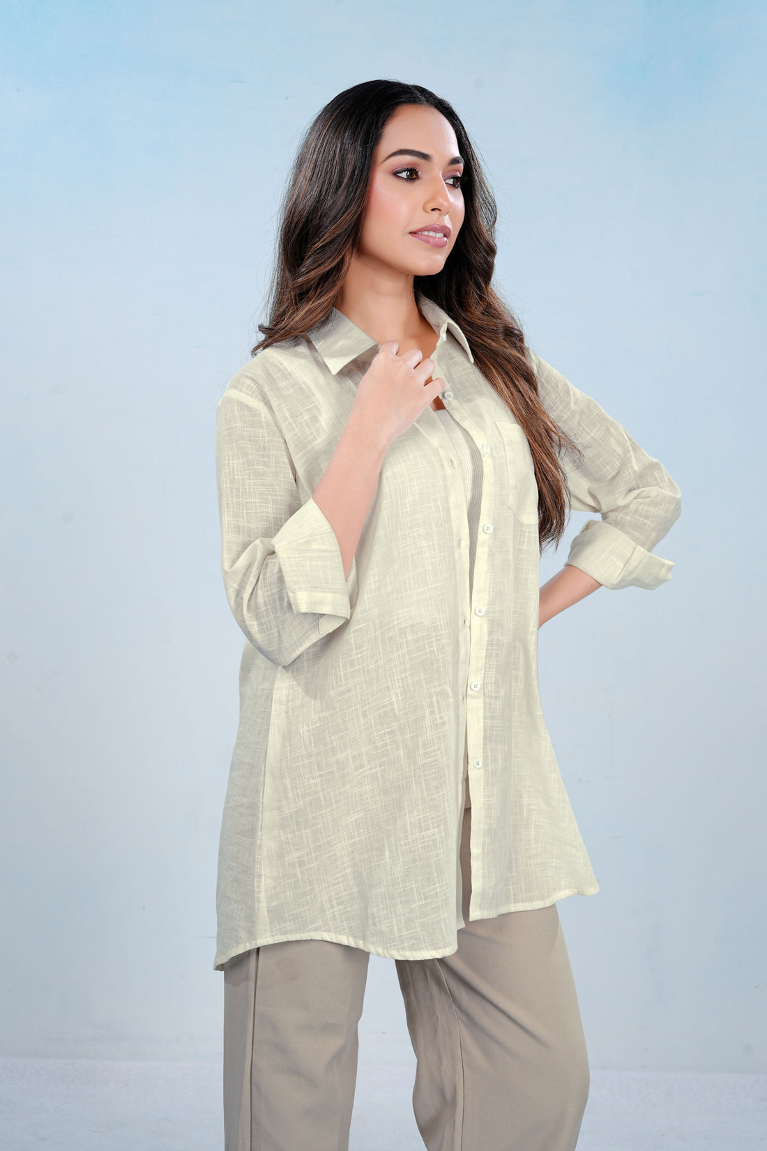 Powder White Premium Airy Cotton-linen Grace Shirt