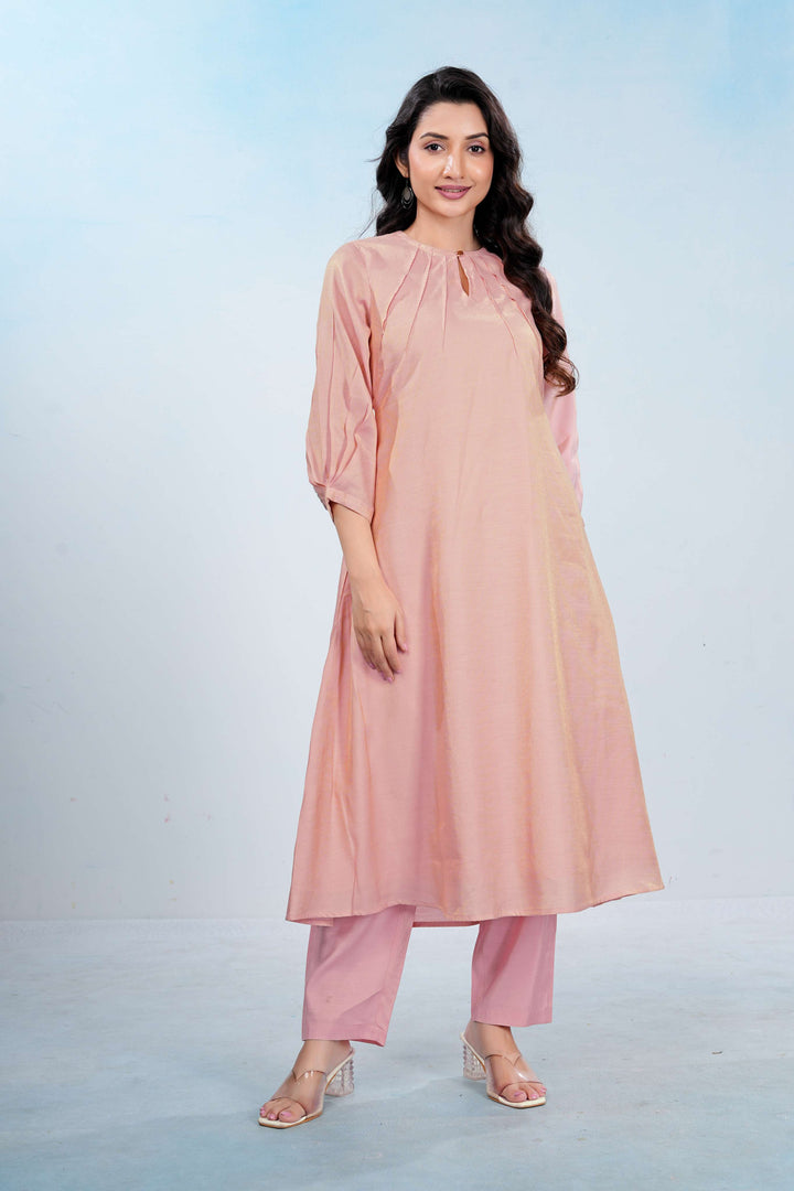 Peach Roman Chanderi Pleated Co-ord Set