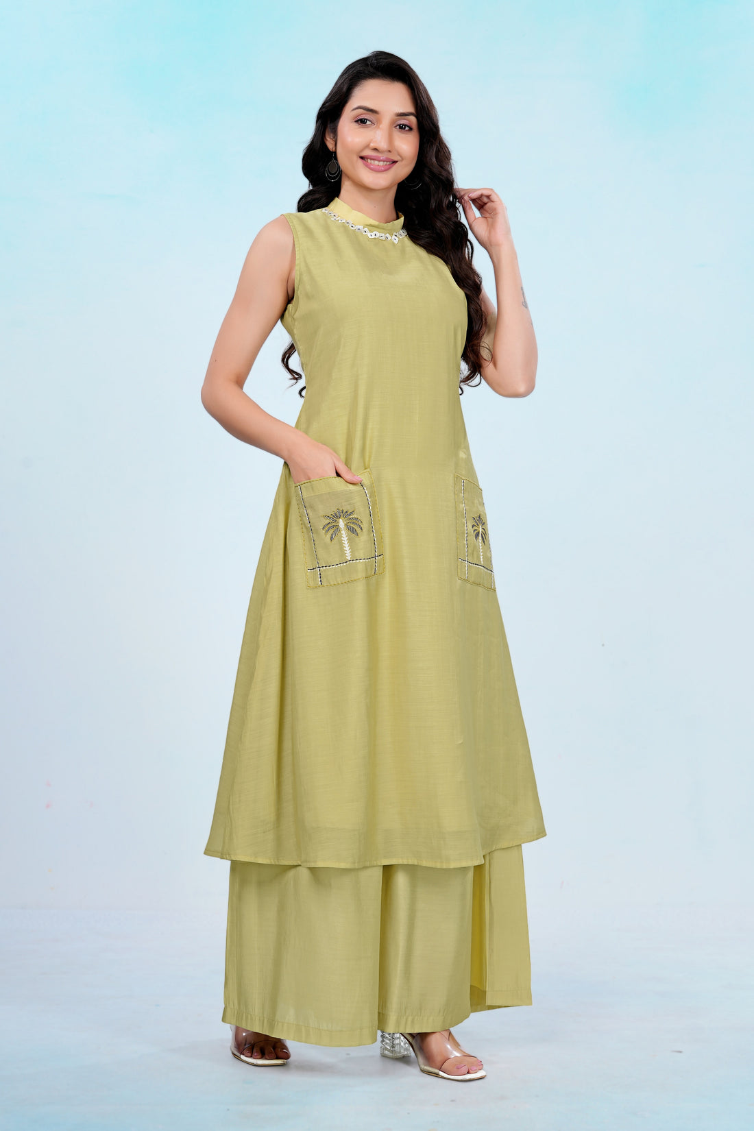 Premium Mal Chanderi Kurta Set with Handwork Neck Design
