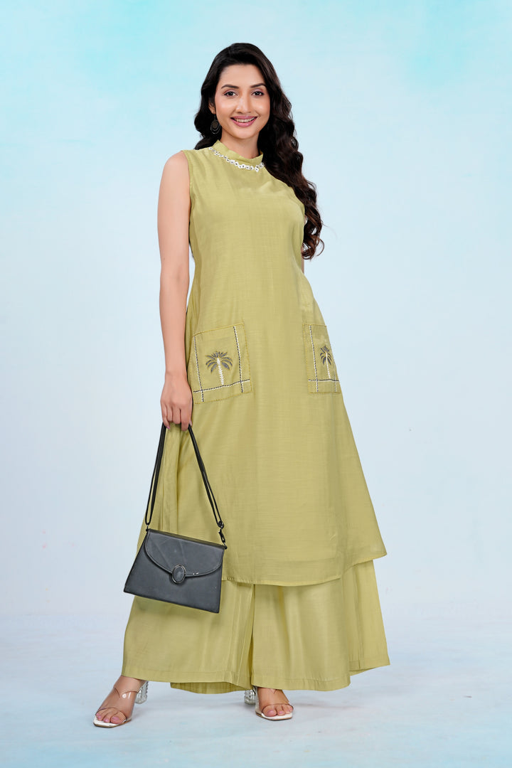 Premium Mal Chanderi Kurta Set with Handwork Neck Design
