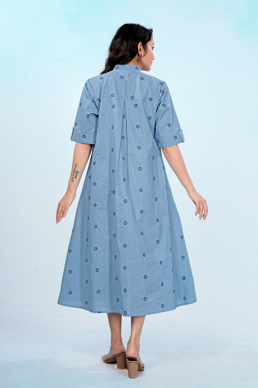 Elegant Blue Embroidered Pure Cotton One Piece Dress | Soft, Breathable & Comfortable Daily Wear
