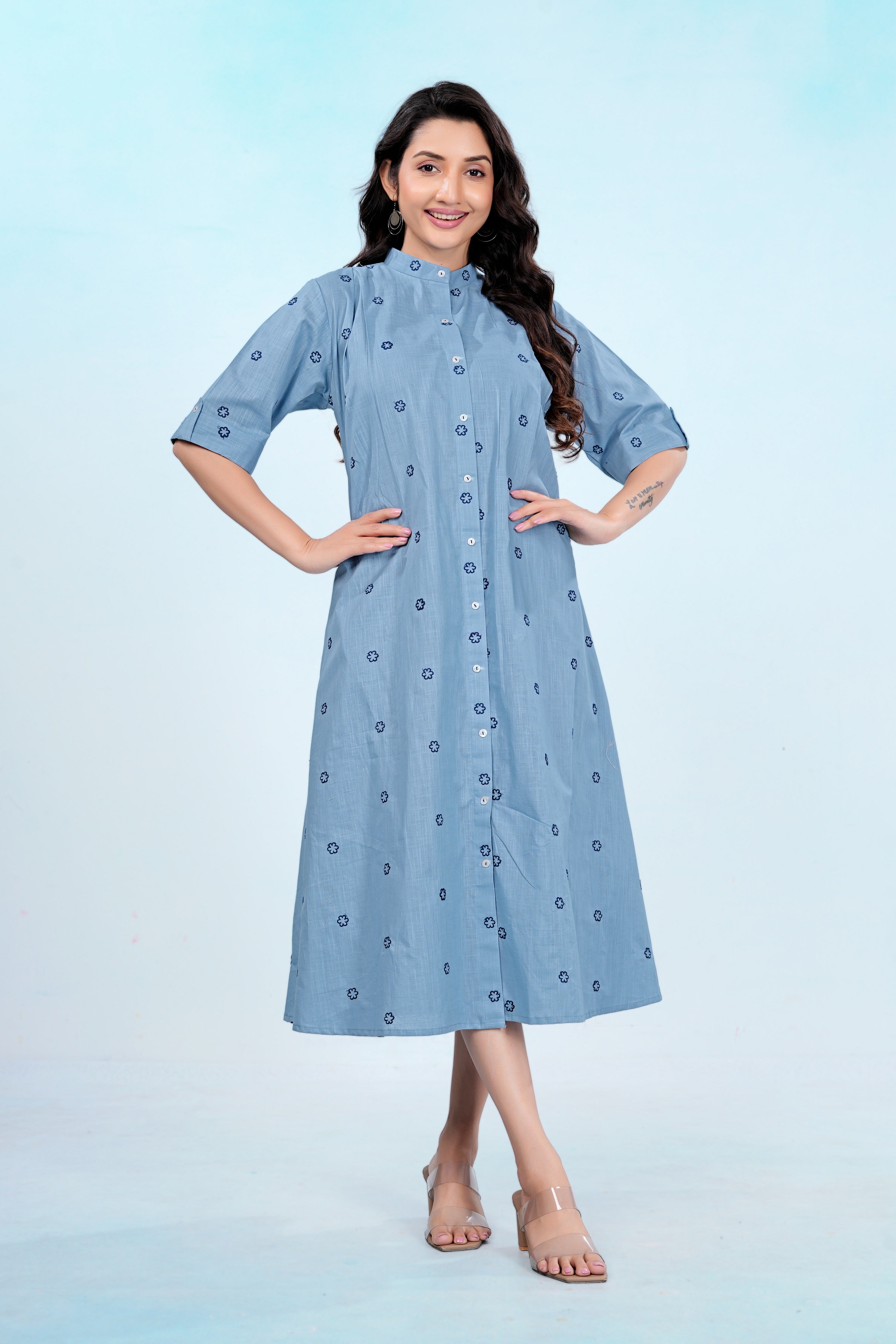 Elegant Blue Embroidered Pure Cotton One Piece Dress | Soft, Breathable & Comfortable Daily Wear