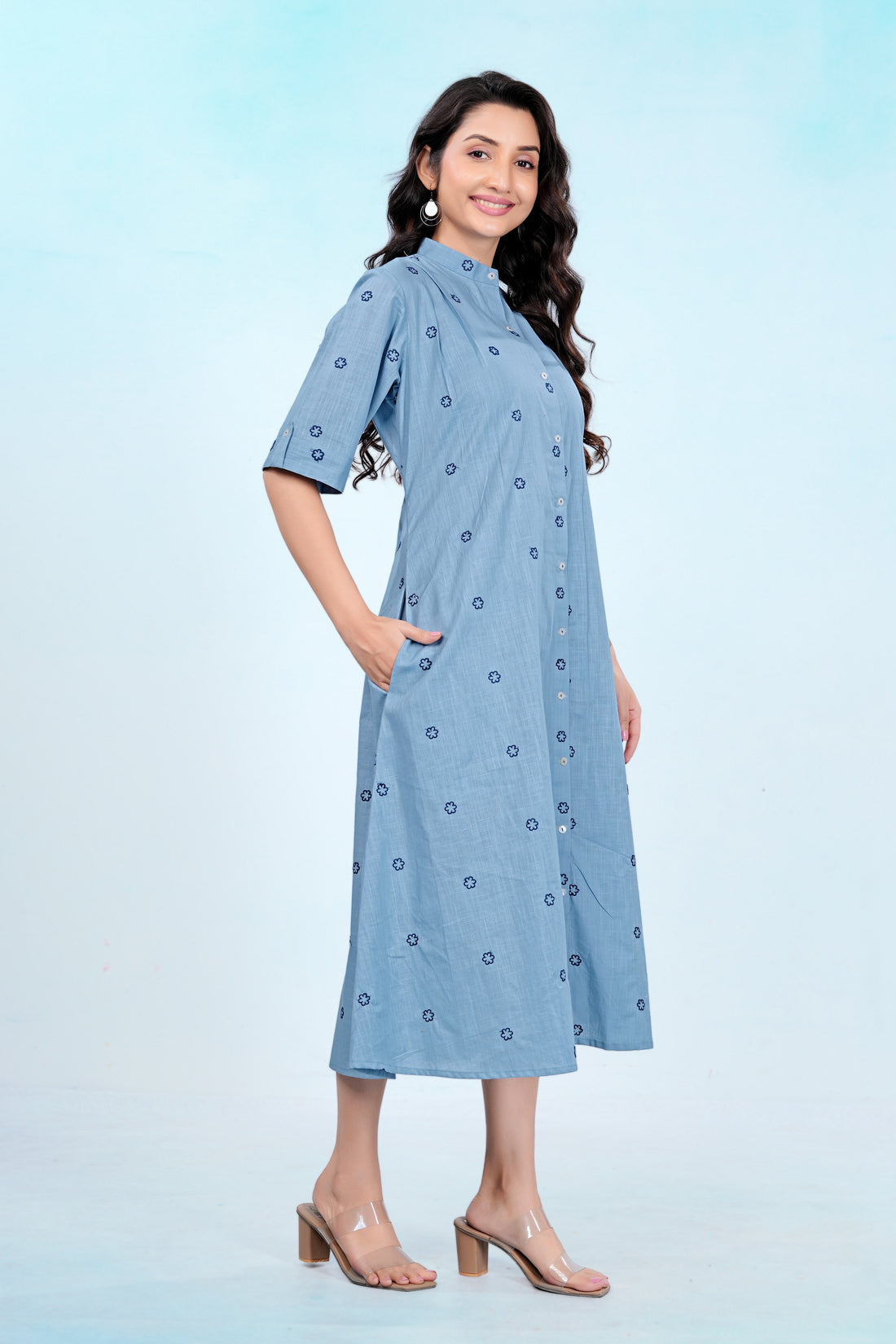 Elegant Blue Embroidered Pure Cotton One Piece Dress | Soft, Breathable & Comfortable Daily Wear